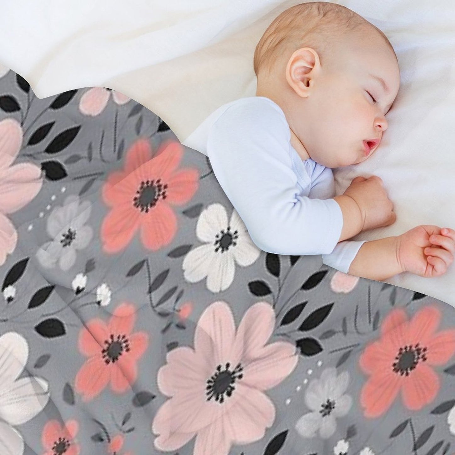 Pink Salmon White Grey Flowers Grey Background Pattern Velvety-soft Throw Blanket