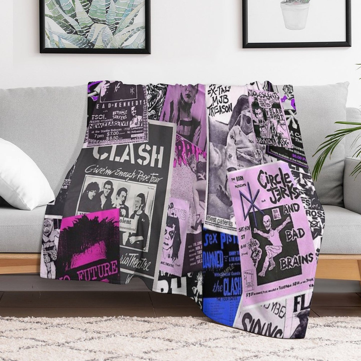 Punk Rock Bands Flyers Collage Aesthetic Punk Colors Eco-conscious Throw Blanket
