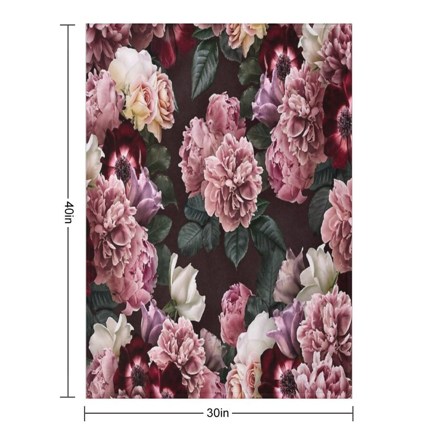 Vintage Bouquets of Pink Lush Peonies, Purple Tulips, Roses And Dark Red Anemones. Plush Throw Blanket