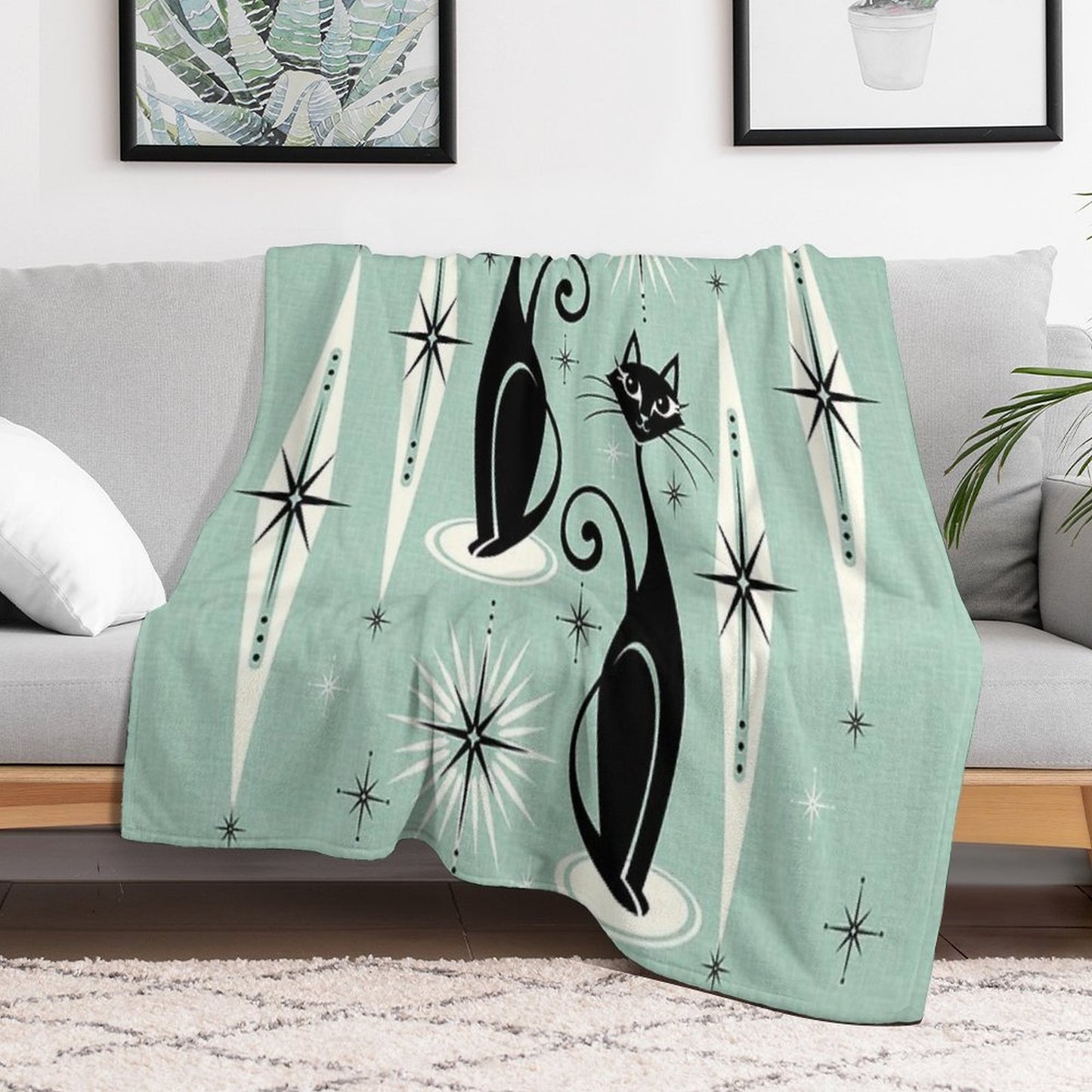Mid Century Meow Retro Atomic Cats on Vintage Mint ©studioxtine Wrinkle-free Throw Blanket
