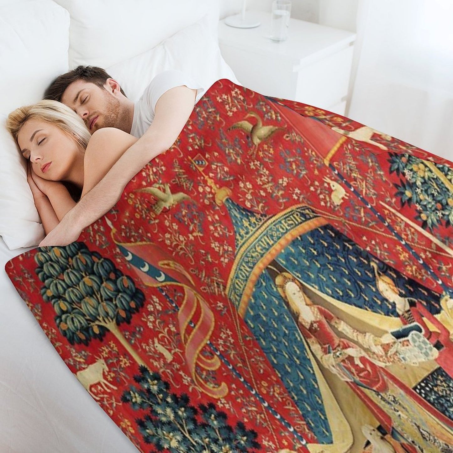 LADY AND THE UNICORN DESIRE ,Lion,Fantasy Flowers,Animals,Red Green Floral Tapestry Premium Throw Blanket