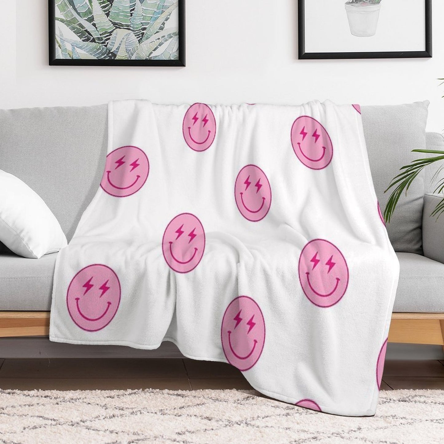 Hot Pink Lighting Bolt Smiley Face Wrinkle-free Throw Blanket