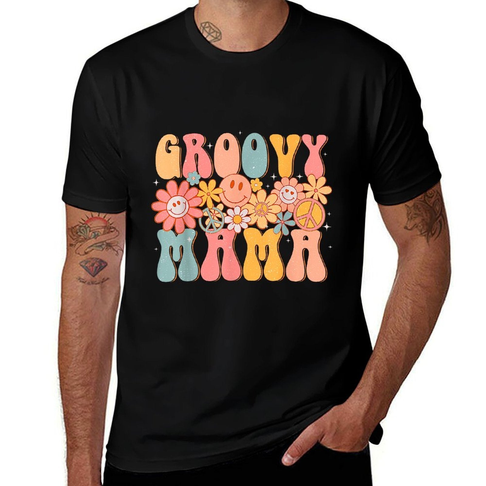 Groovy Mama Retro Mothers Day Colorful Peace Sign Smile Face  Durable T-Shirt
