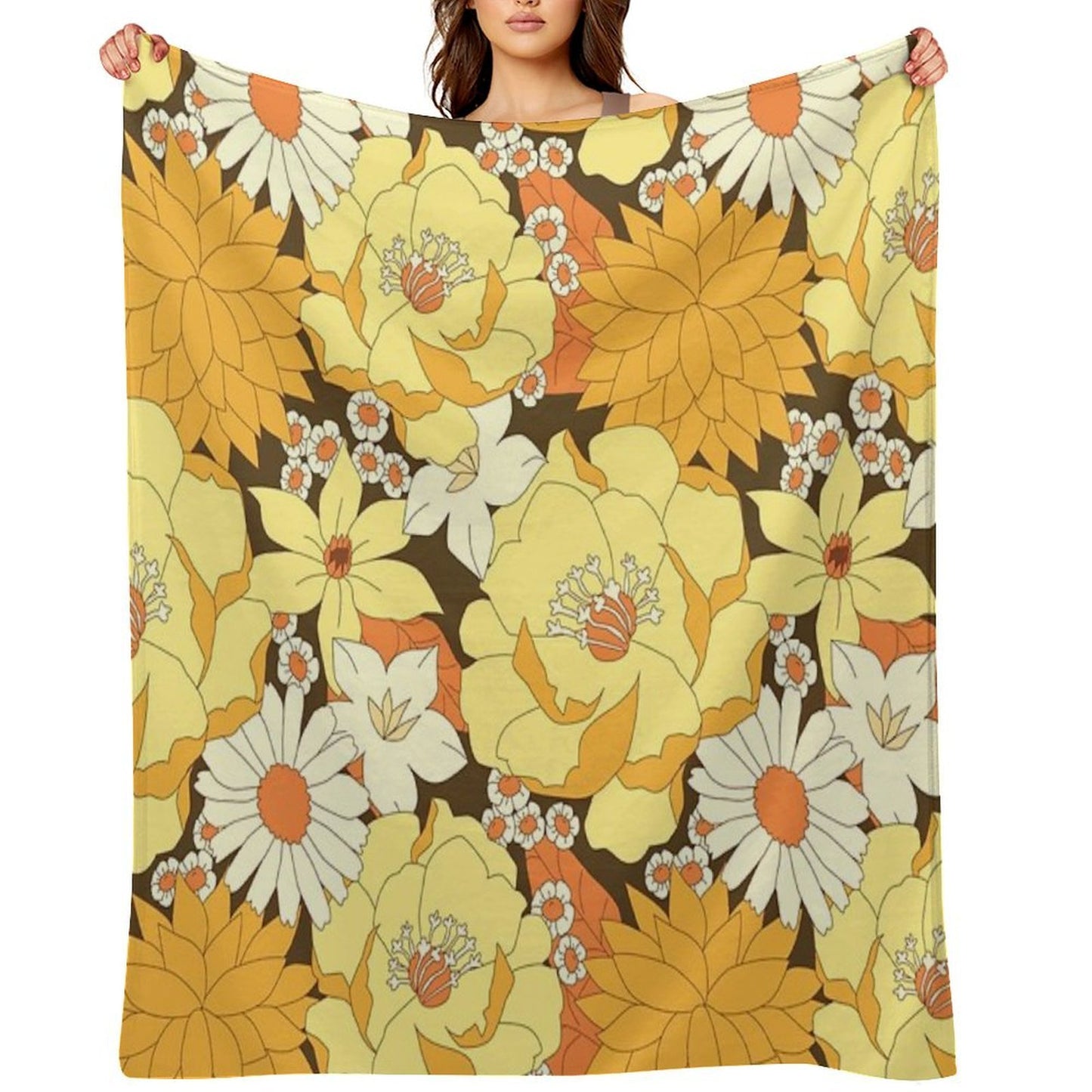 Yellow, Orange And Brown Vintage Floral Pattern Machine-washable Throw Blanket