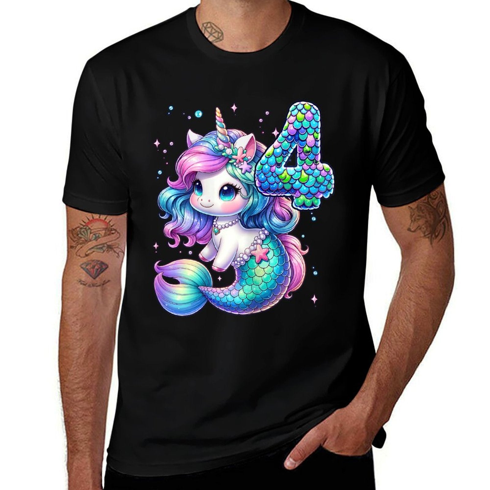 Unicorn Mermaid 4th Birthday 4 Year Old Party Girls Outfit  High-quality Stitching T-Shirt