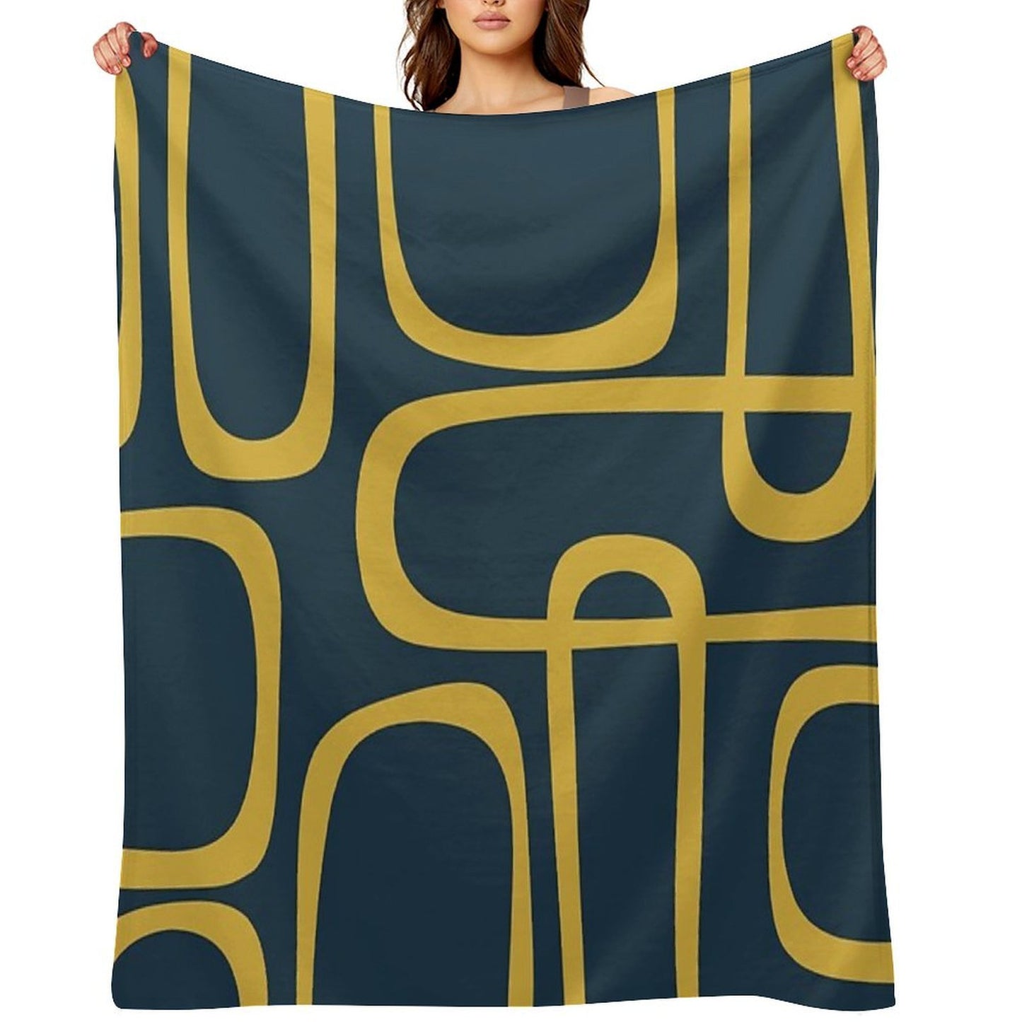 Midcentury Modern Loops Retro Pattern in Light Mustard And Navy Blue Lightweight Throw Blanket
