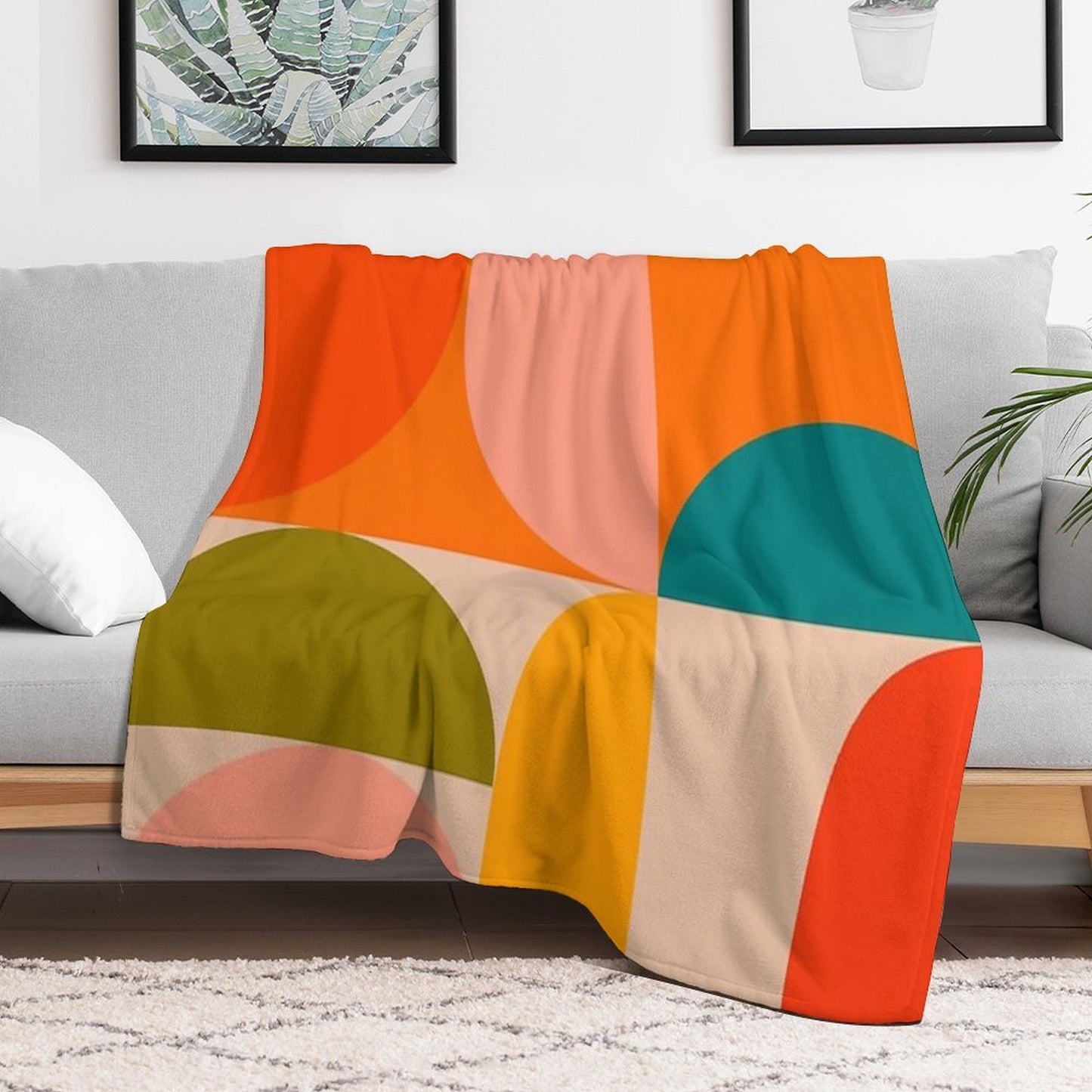 Mid Century Modern, Geometric, Retro Design, Round, Summer, Variation 2, Coral, Orange, Teal Sustainable Throw Blanket
