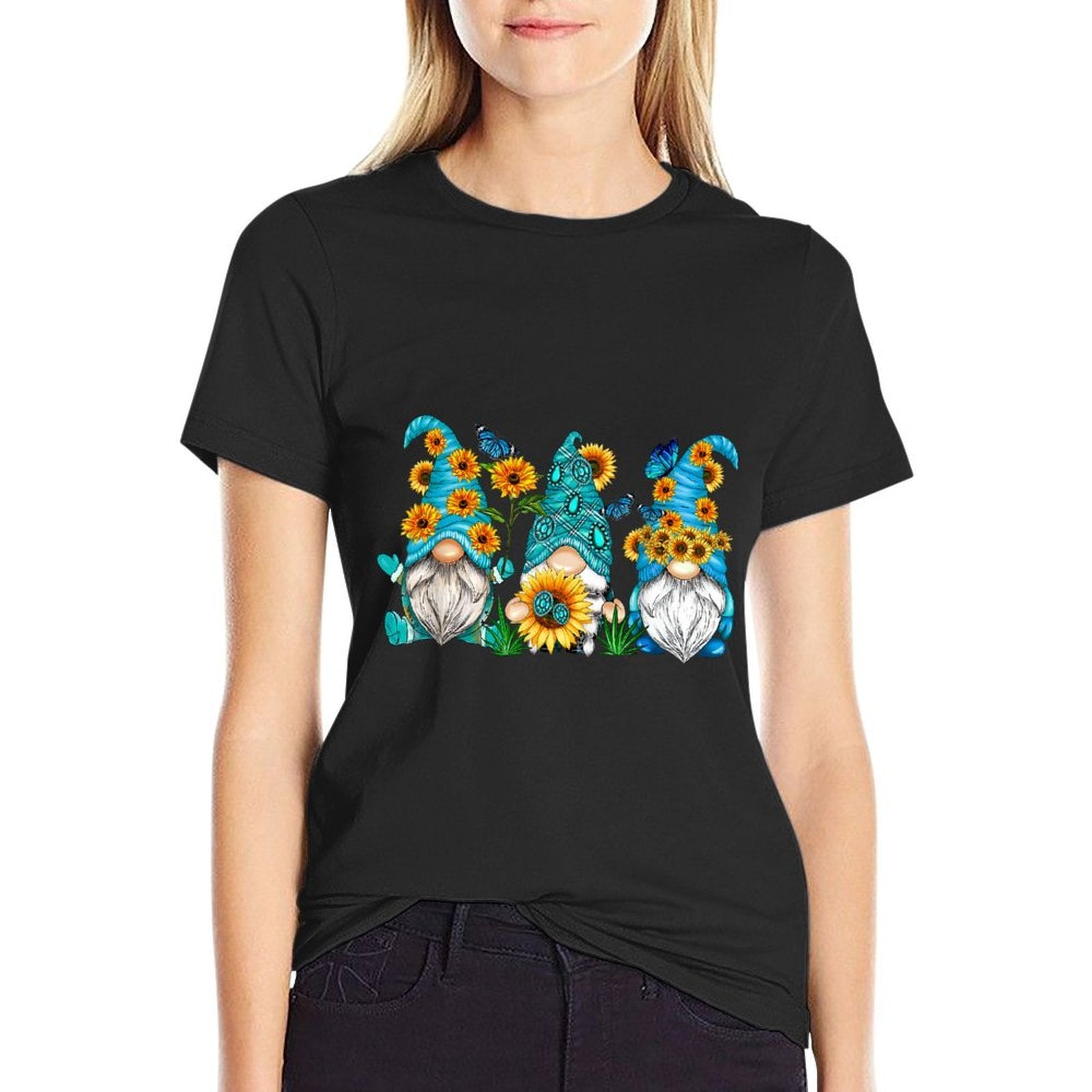 Cute Gnomes With Sunflower Butterfly Gardeners Summer Floral  Easy-care T-Shirt