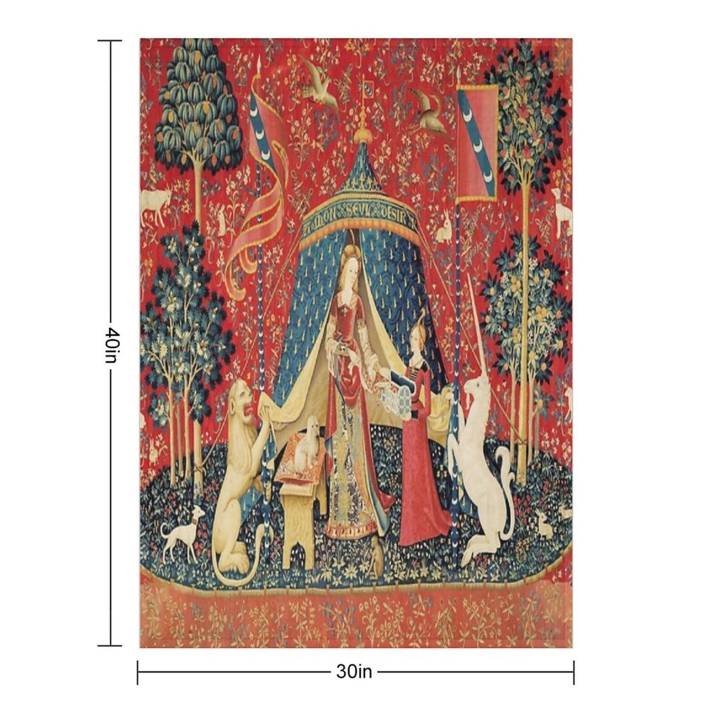 LADY AND THE UNICORN DESIRE ,Lion,Fantasy Flowers,Animals,Red Green Floral Tapestry Premium Throw Blanket