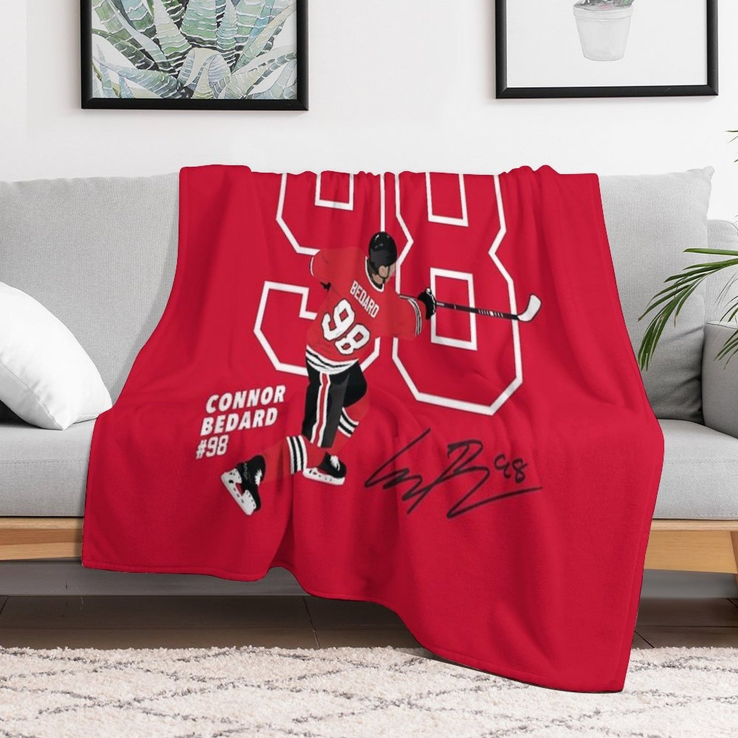 Connor Bedard Blackhawks #98 Signature Art Gift-ready Throw Blanket
