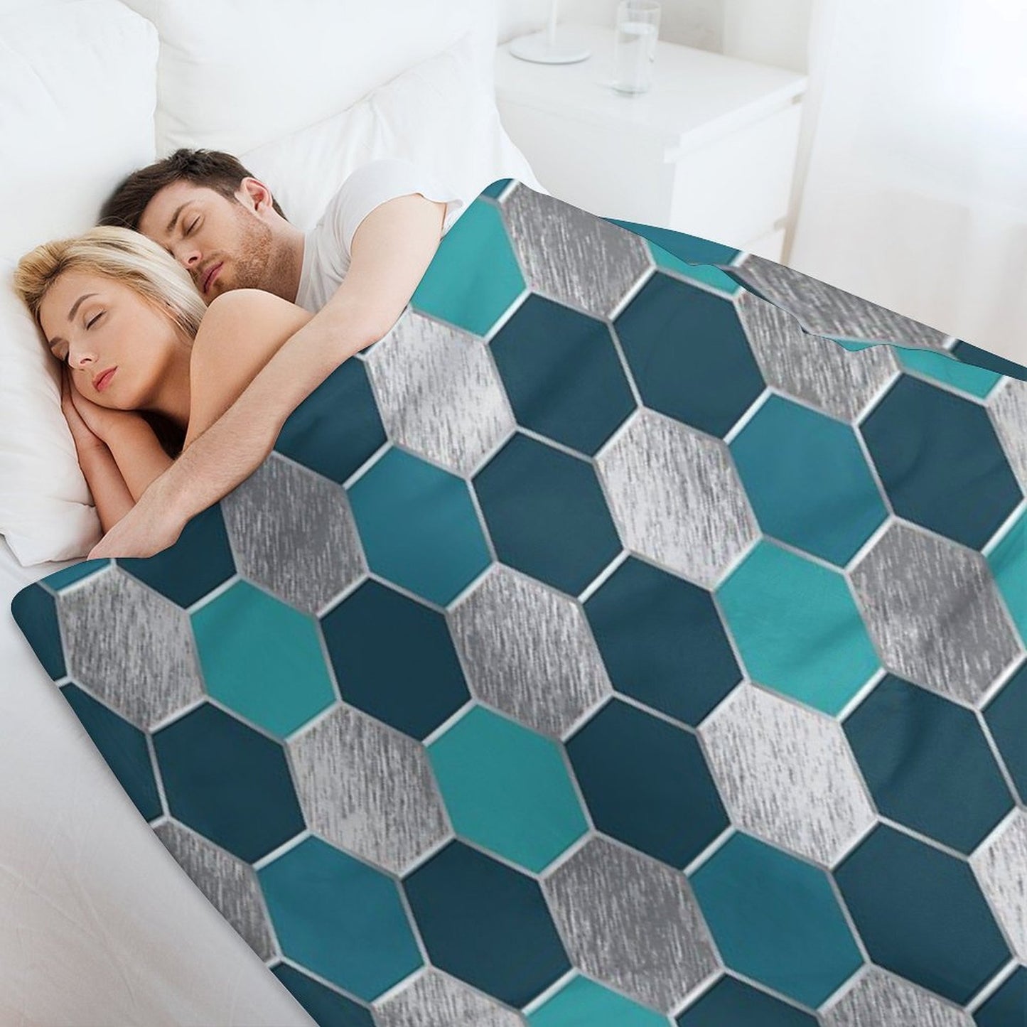 Metal Silver And Teal Geometric Hexagon Pattern Sustainable Throw Blanket