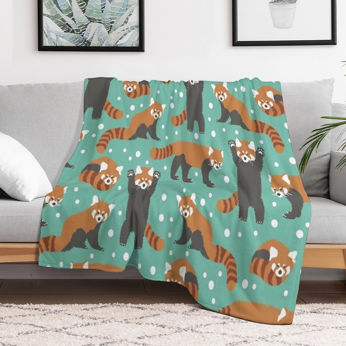 Cute Red Panda Pattern with White Dots And Turquoise Background Sustainable Throw Blanket