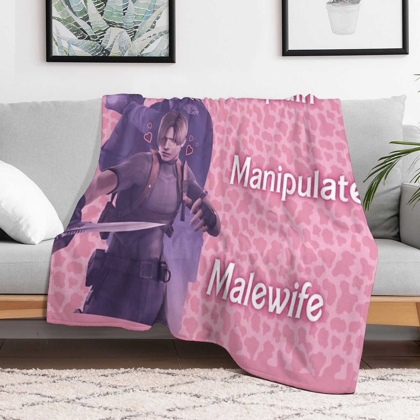 Mansplain, Manipulate, Malewife Leon (Cow) PINK VERSION Wrinkle-free Throw Blanket