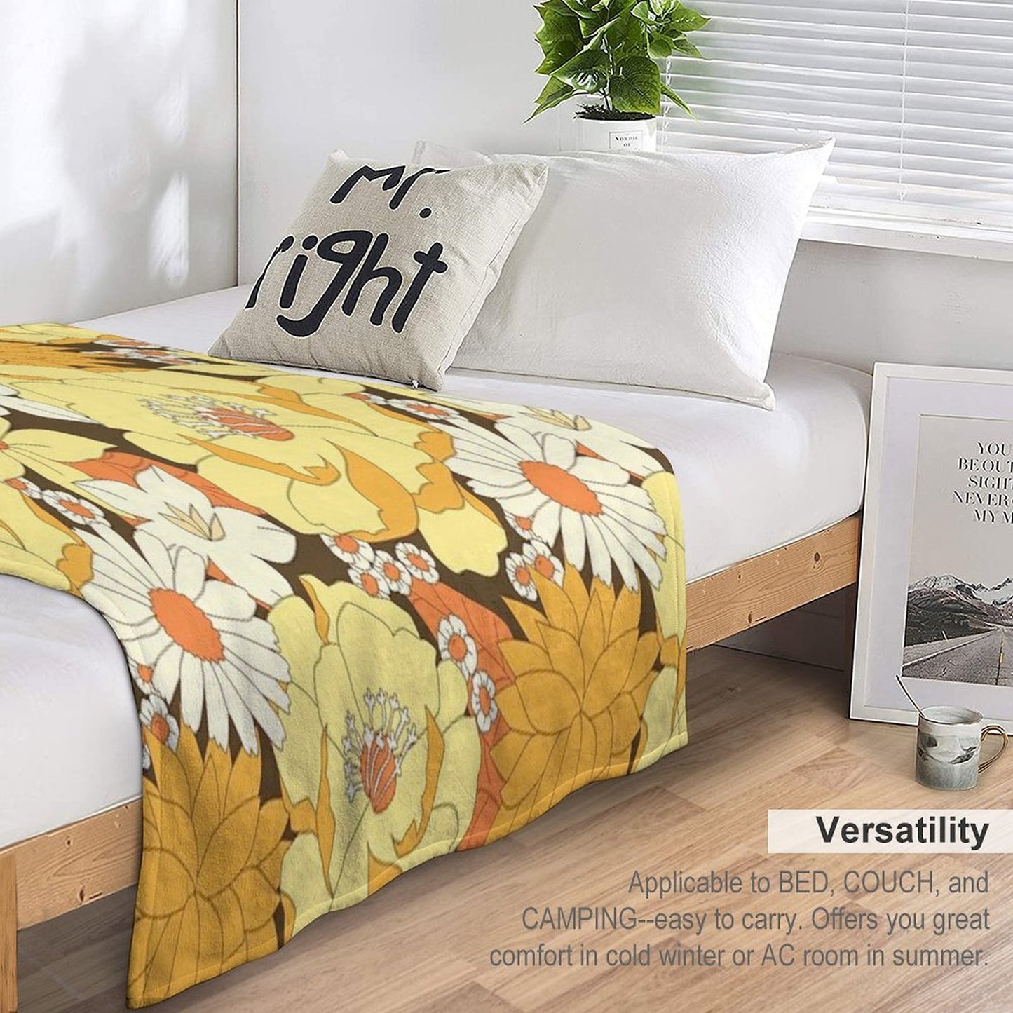 Yellow, Orange And Brown Vintage Floral Pattern Machine-washable Throw Blanket