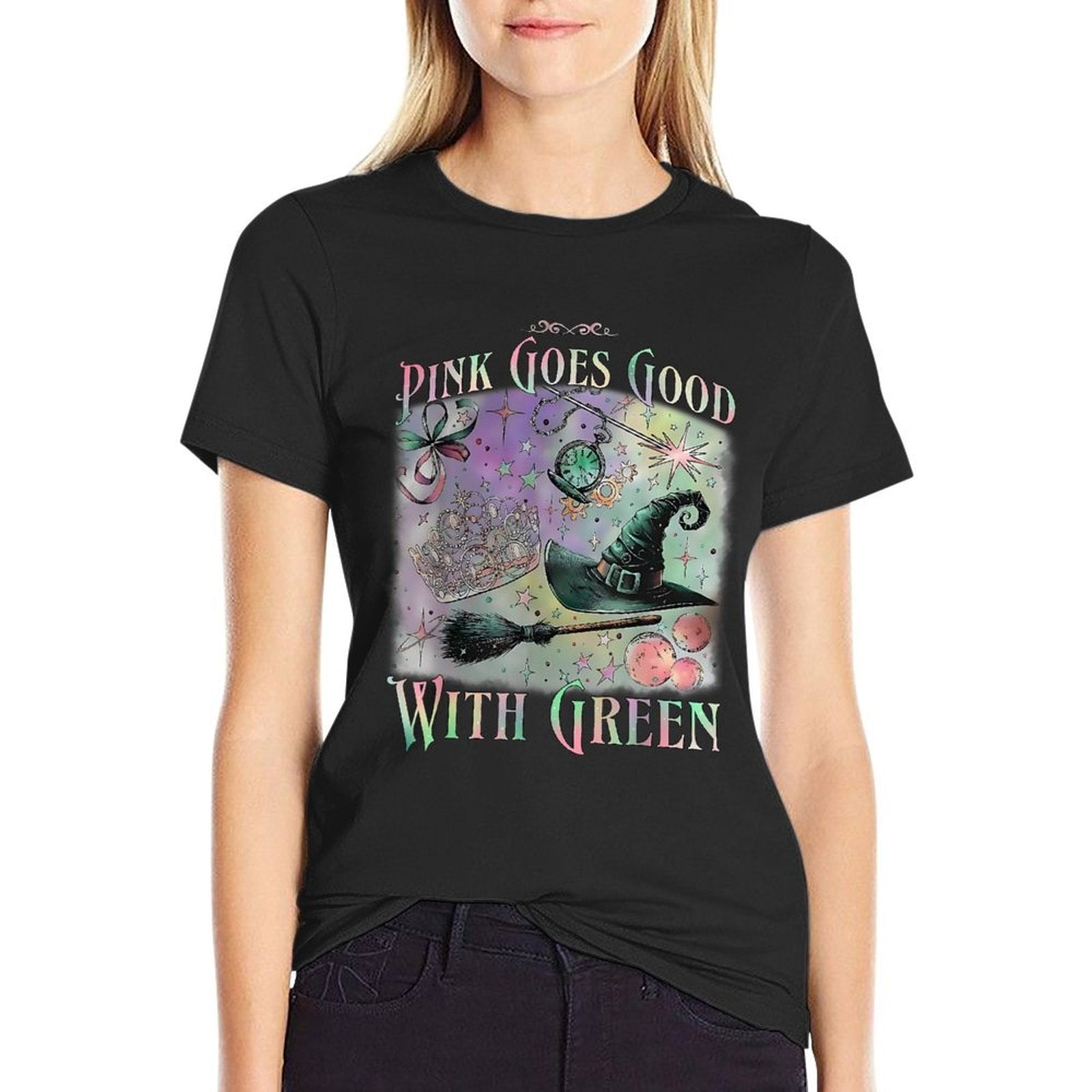 Pink Goes Good With Green Funny Halloween Witch Women Girls  Soft T-Shirt