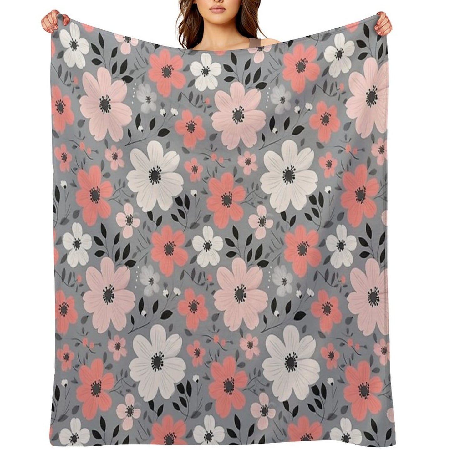 Pink Salmon White Grey Flowers Grey Background Pattern Velvety-soft Throw Blanket