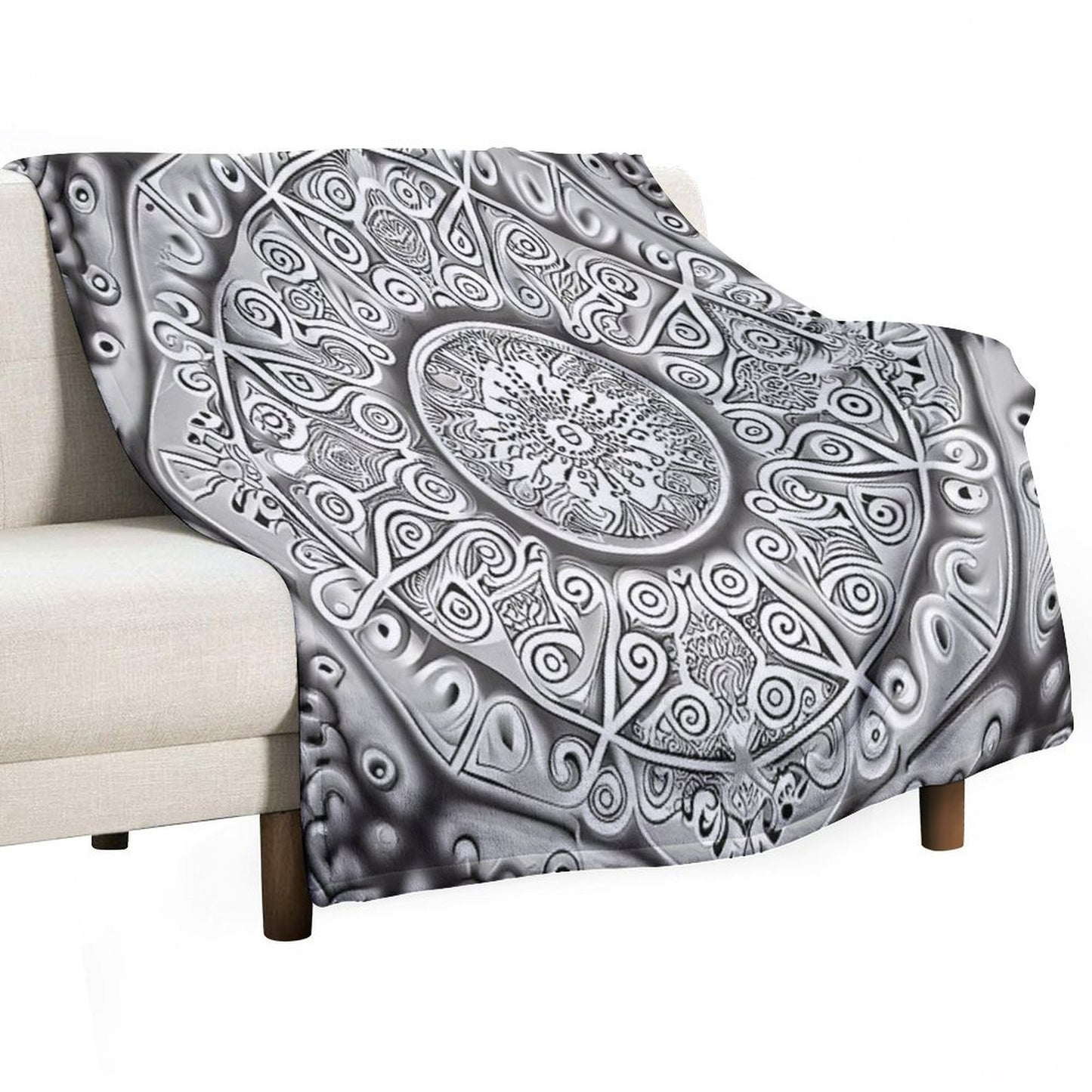 Symmetrical Monochromatic New Traditional Pattern Digital Painting Travel-friendly Throw Blanket