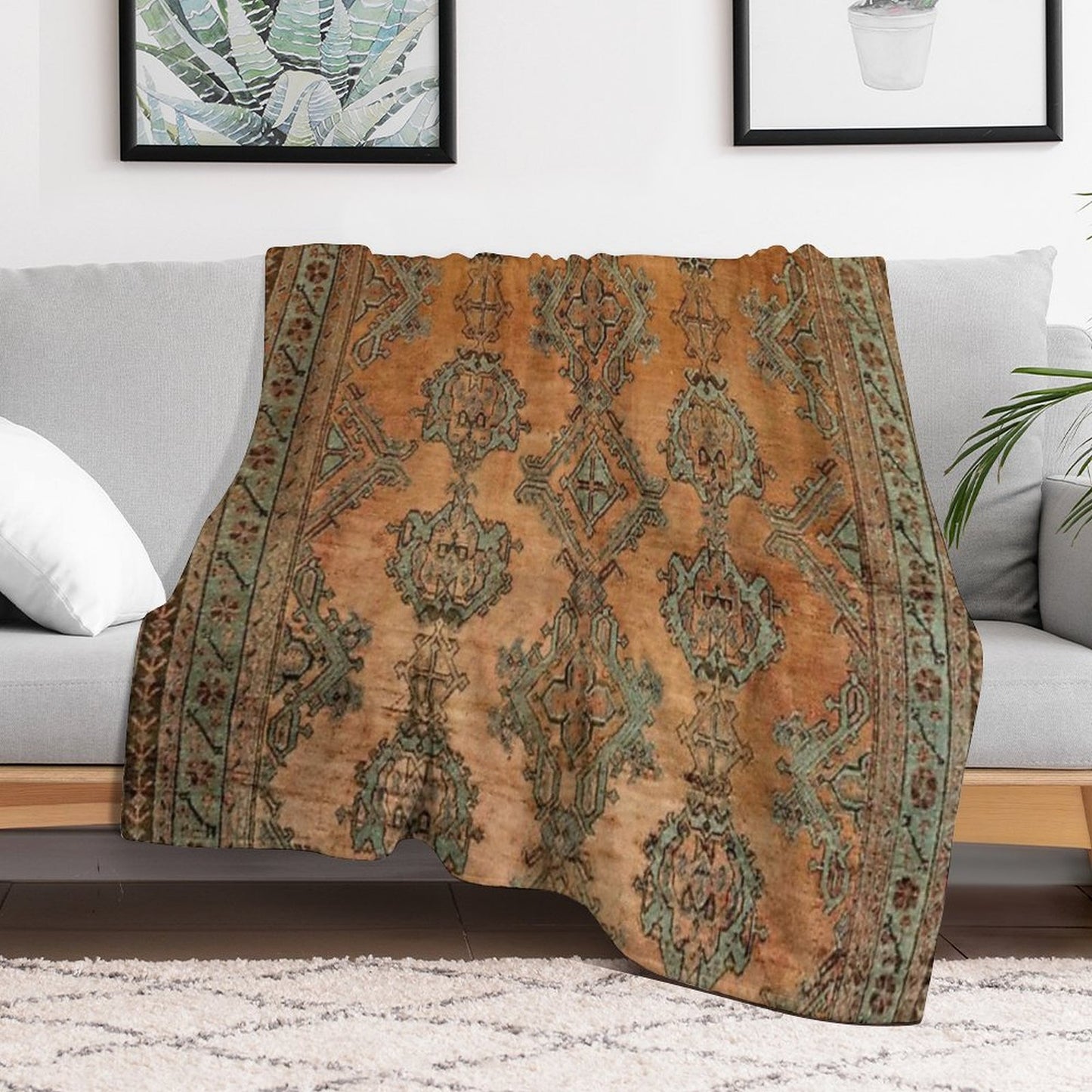 Antique Turkish Oushak Rug Print Multi-functional Throw Blanket