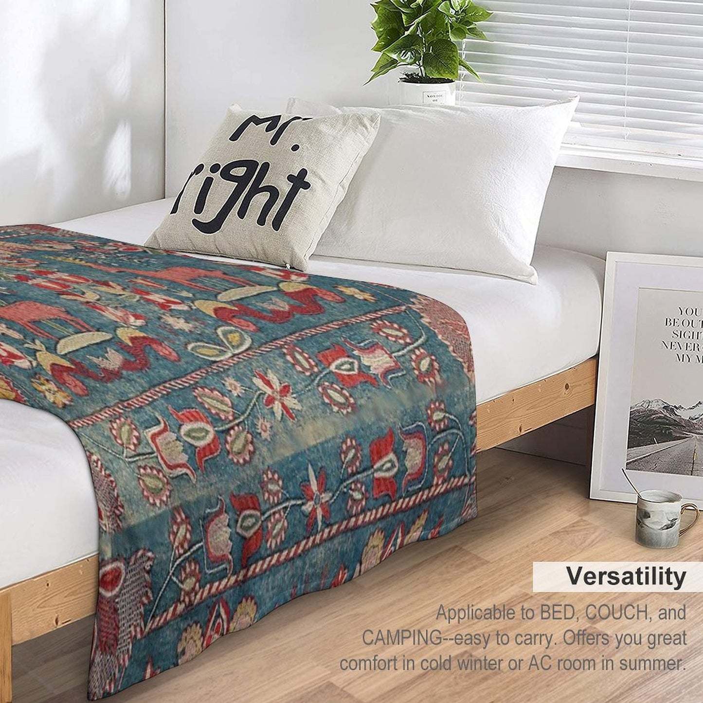 ANTIQUE RED BLUE SWEDISH TAPESTRY WITH DEERS AND FLOWERS All-season Throw Blanket