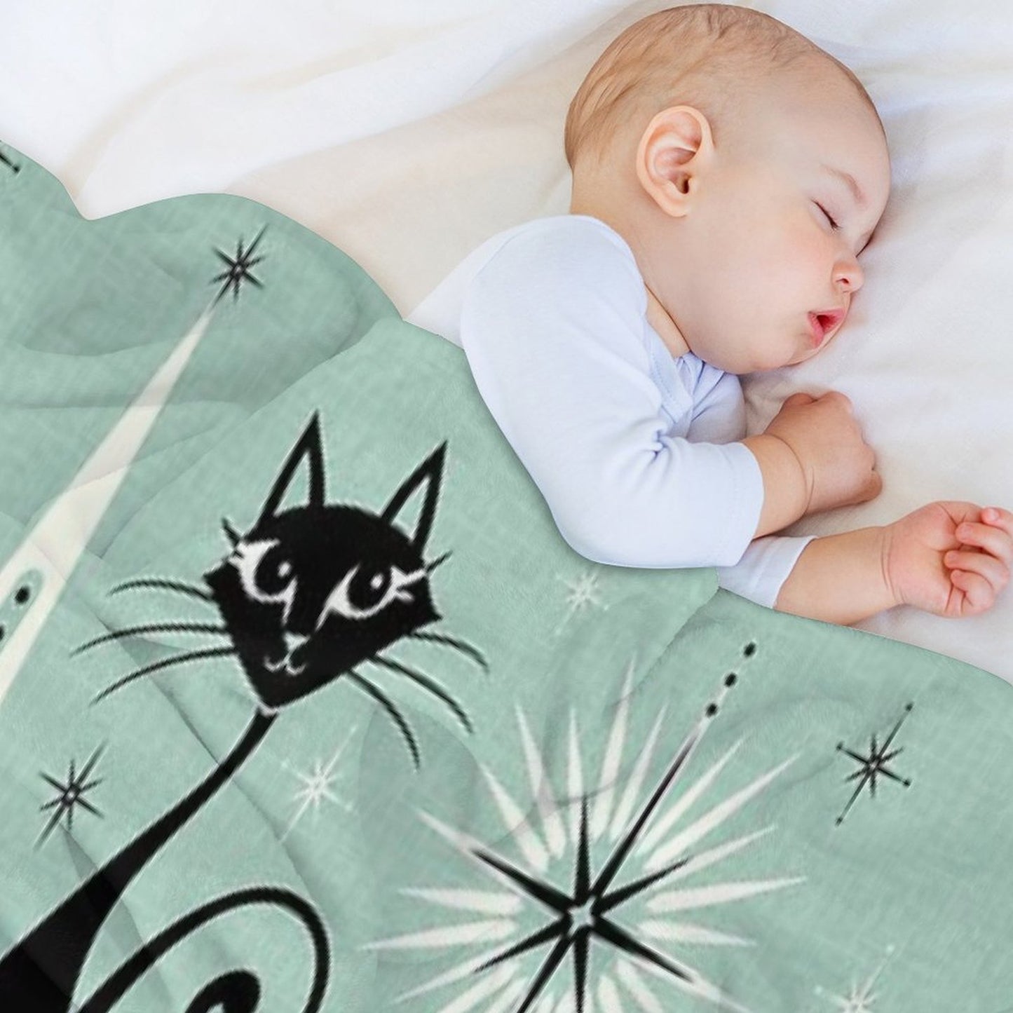 Mid Century Meow Retro Atomic Cats on Vintage Mint ©studioxtine Wrinkle-free Throw Blanket