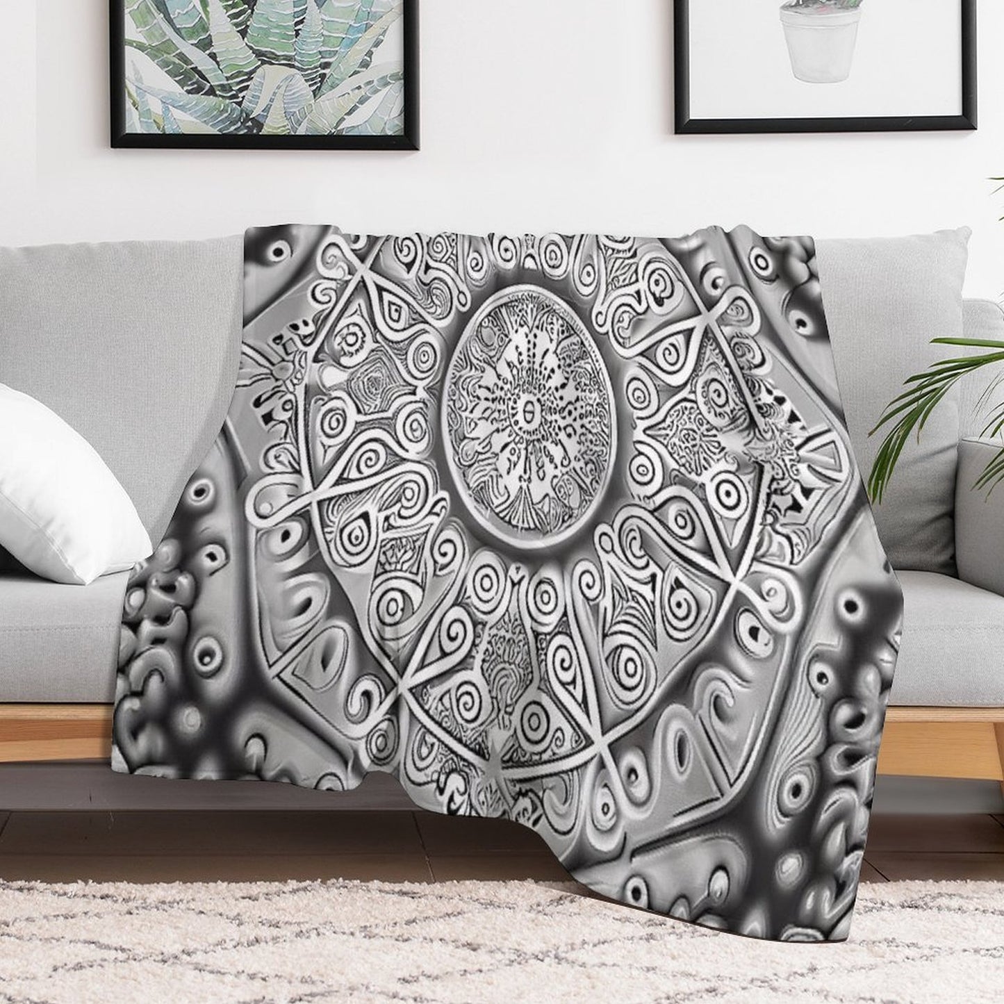 Symmetrical Monochromatic New Traditional Pattern Digital Painting Travel-friendly Throw Blanket