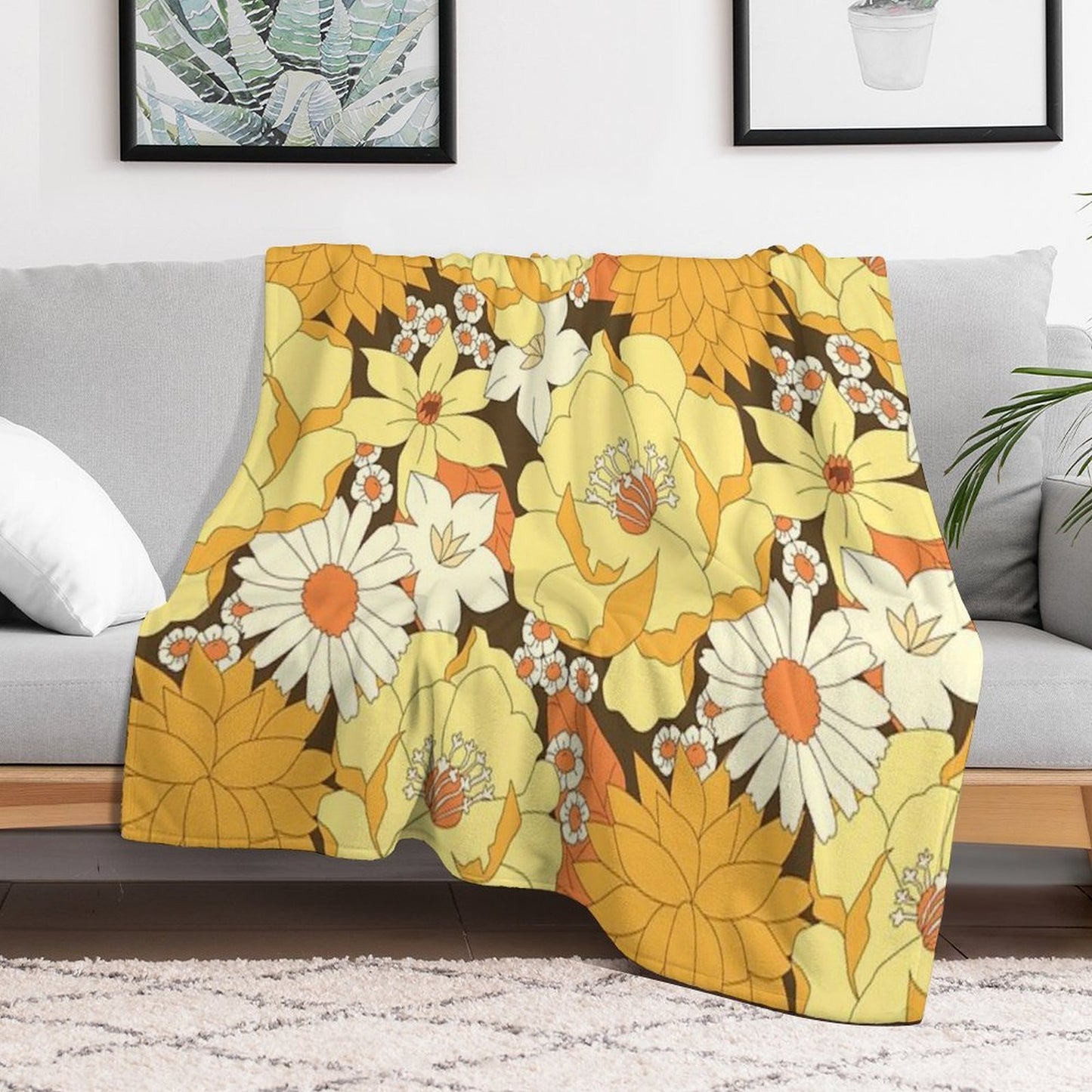 Yellow, Orange And Brown Vintage Floral Pattern Machine-washable Throw Blanket