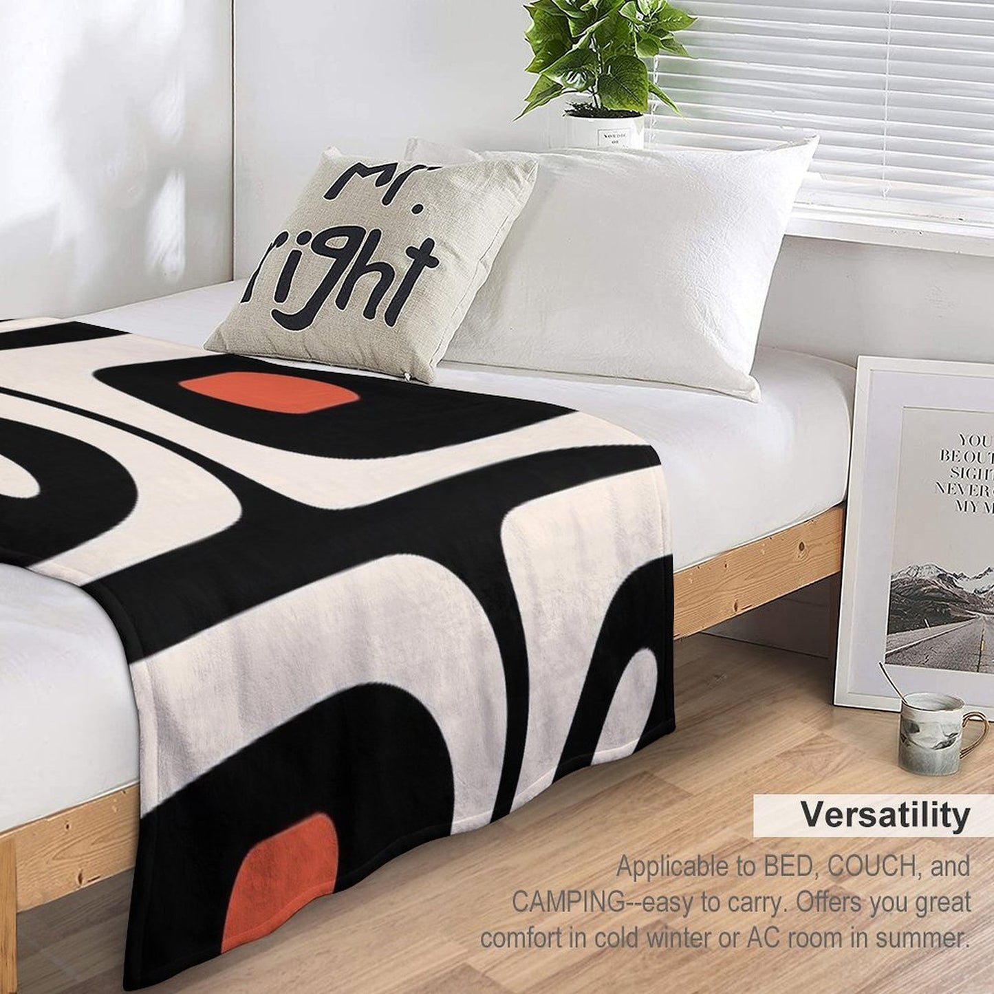 Mid Century Modern Piquet Abstract Pattern Black, Orange, And Almond Cream Travel-friendly Throw Blanket