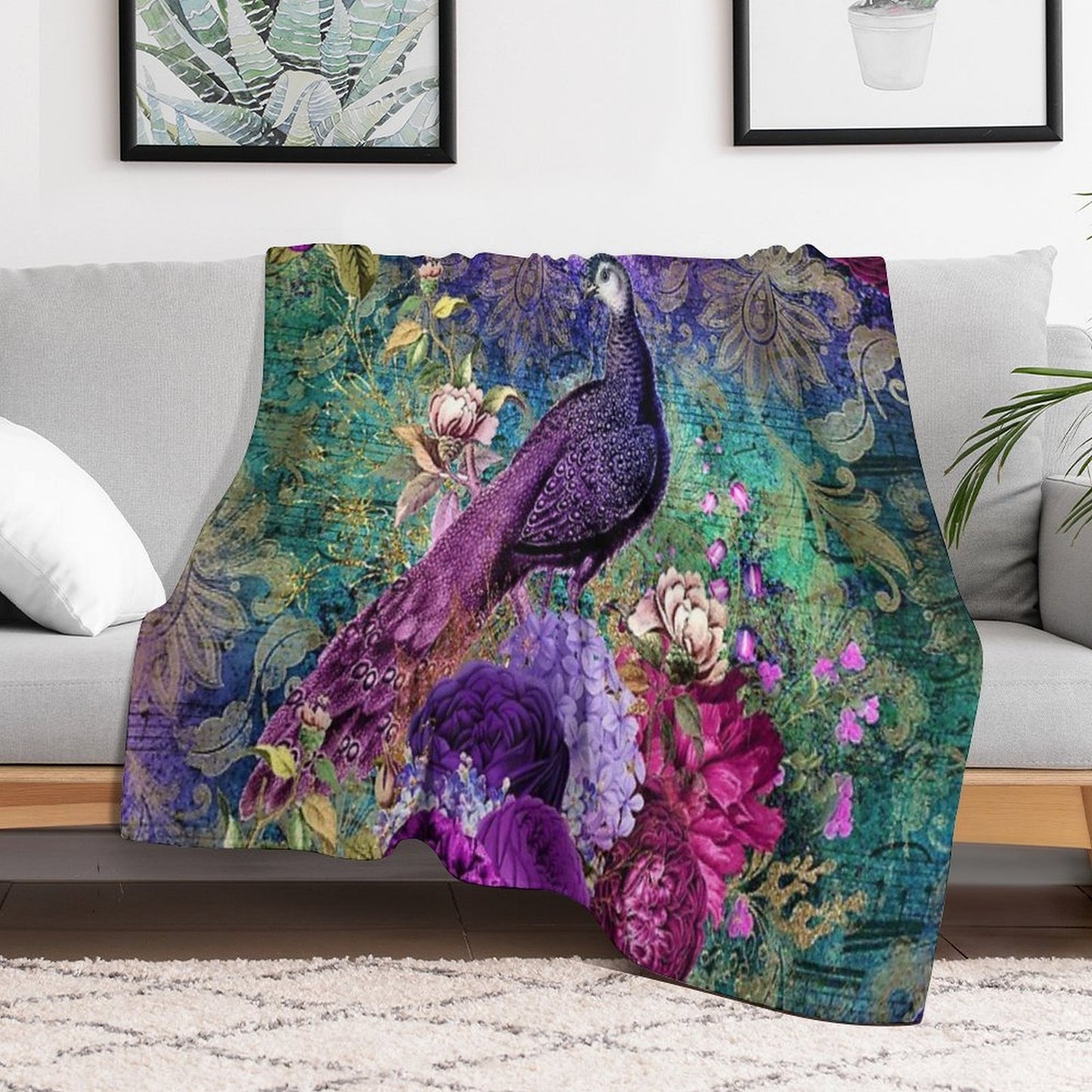 Elegant Vintage Purple Teal Peacocks Velvety-soft Throw Blanket