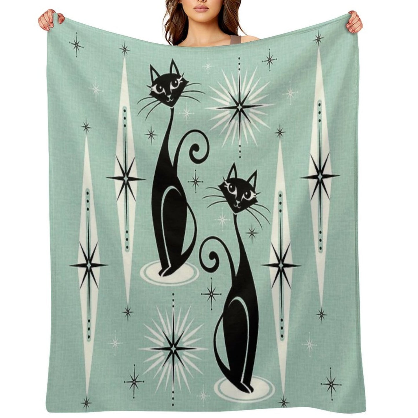 Mid Century Meow Retro Atomic Cats on Vintage Mint ©studioxtine Wrinkle-free Throw Blanket