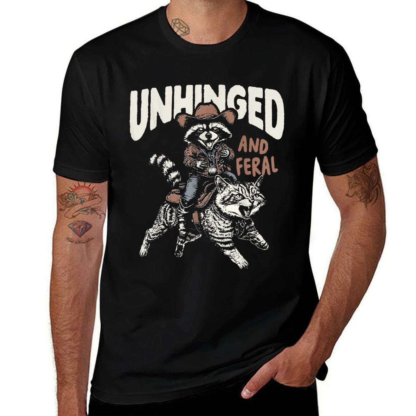 Funny Unhinged And Feral Raccoon Cowboy Western Vintage  Graphic-printed T-Shirt