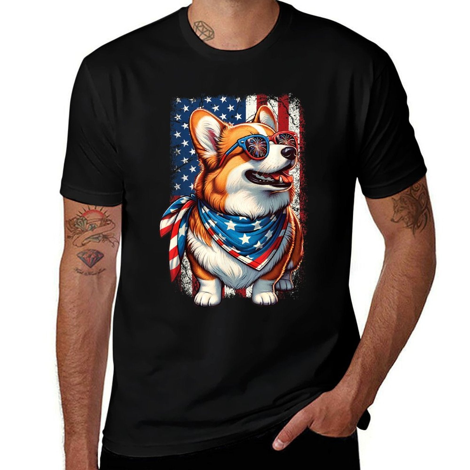 Funny Vintage Patriotic Corgi Dog Retro 4th Of July USA  Heathered Texture T-Shirt