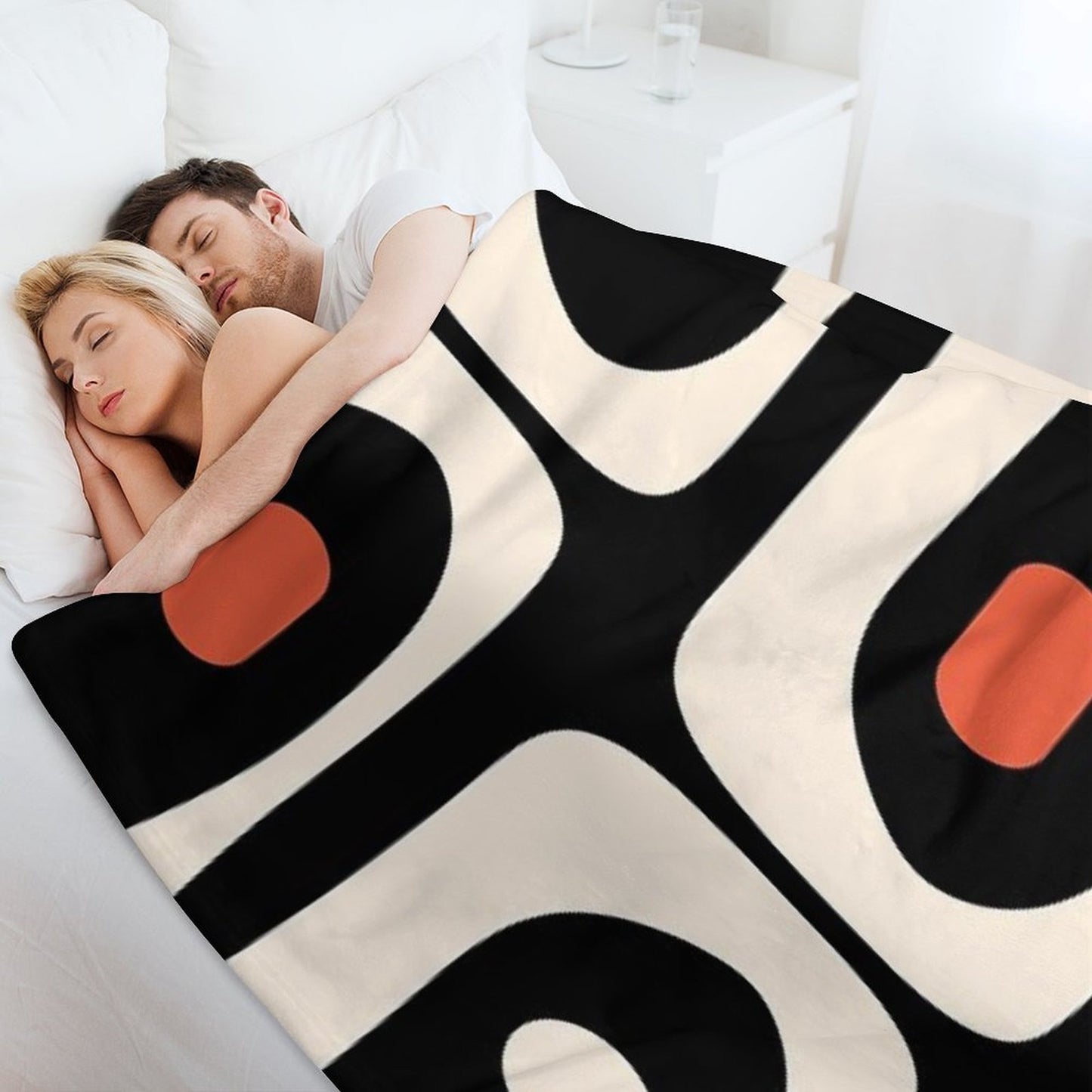 Mid Century Modern Piquet Abstract Pattern Black, Orange, And Almond Cream Travel-friendly Throw Blanket