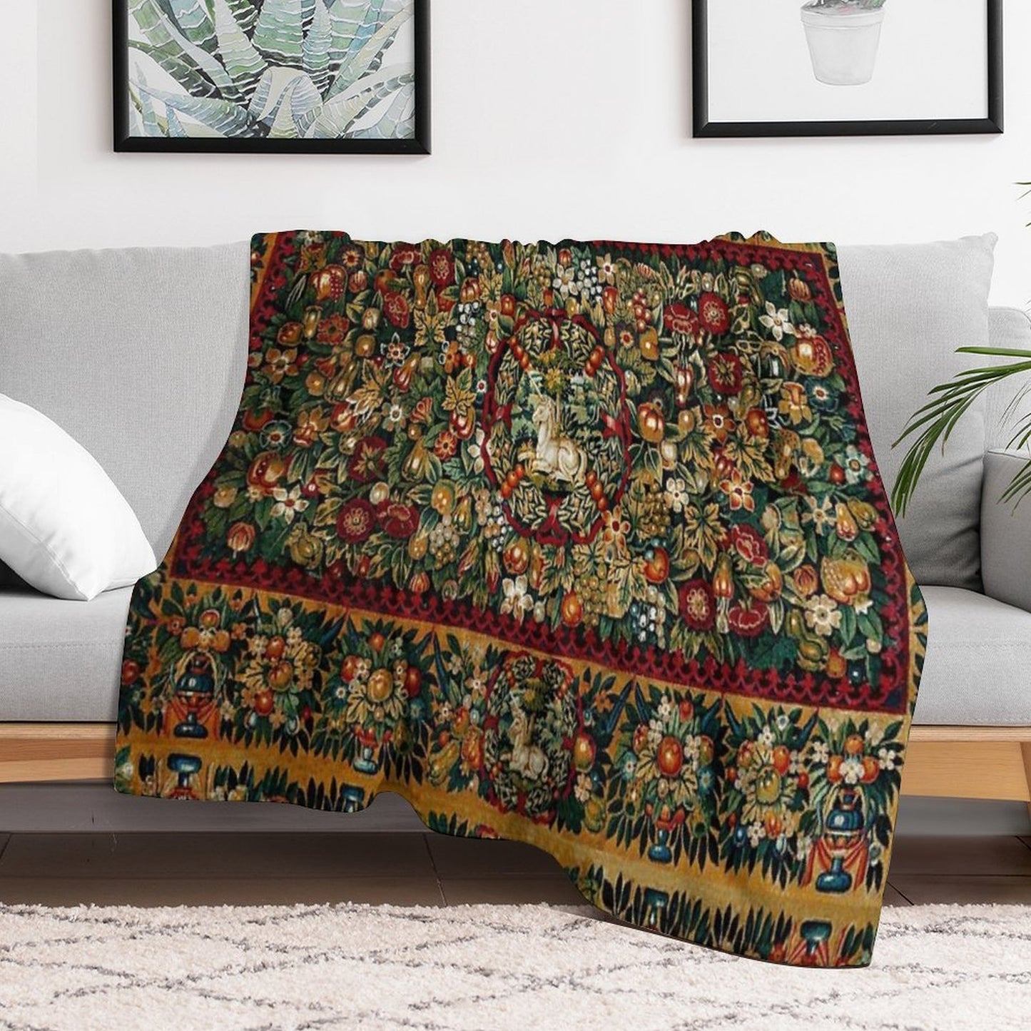 Medieval Unicorn Floral Tapestry Velvety-soft Throw Blanket