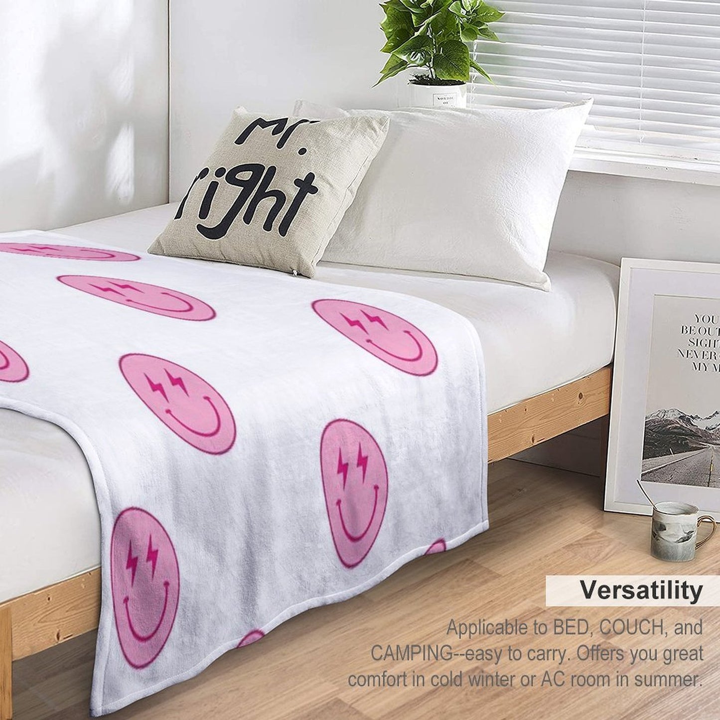 Hot Pink Lighting Bolt Smiley Face Wrinkle-free Throw Blanket