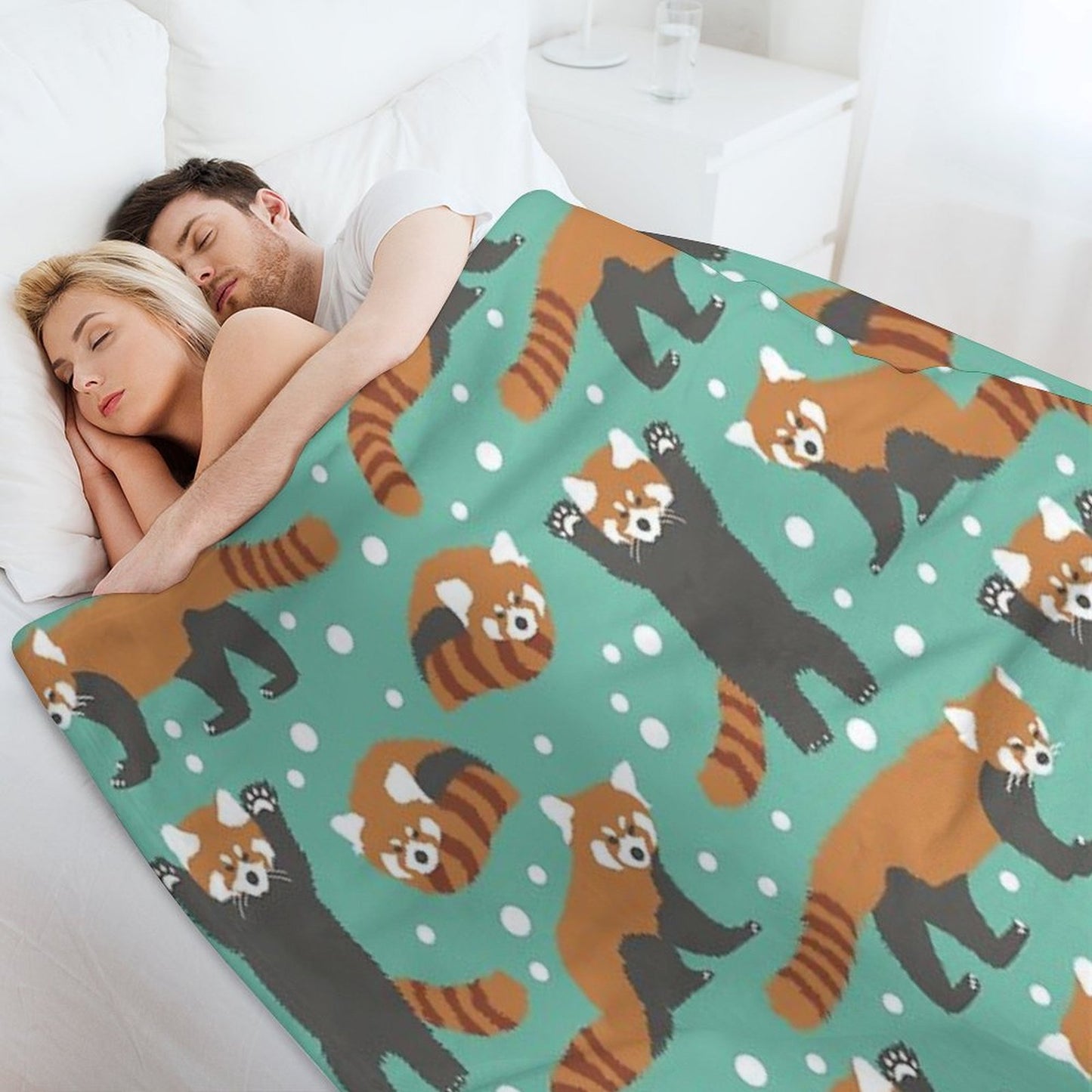 Cute Red Panda Pattern with White Dots And Turquoise Background Sustainable Throw Blanket