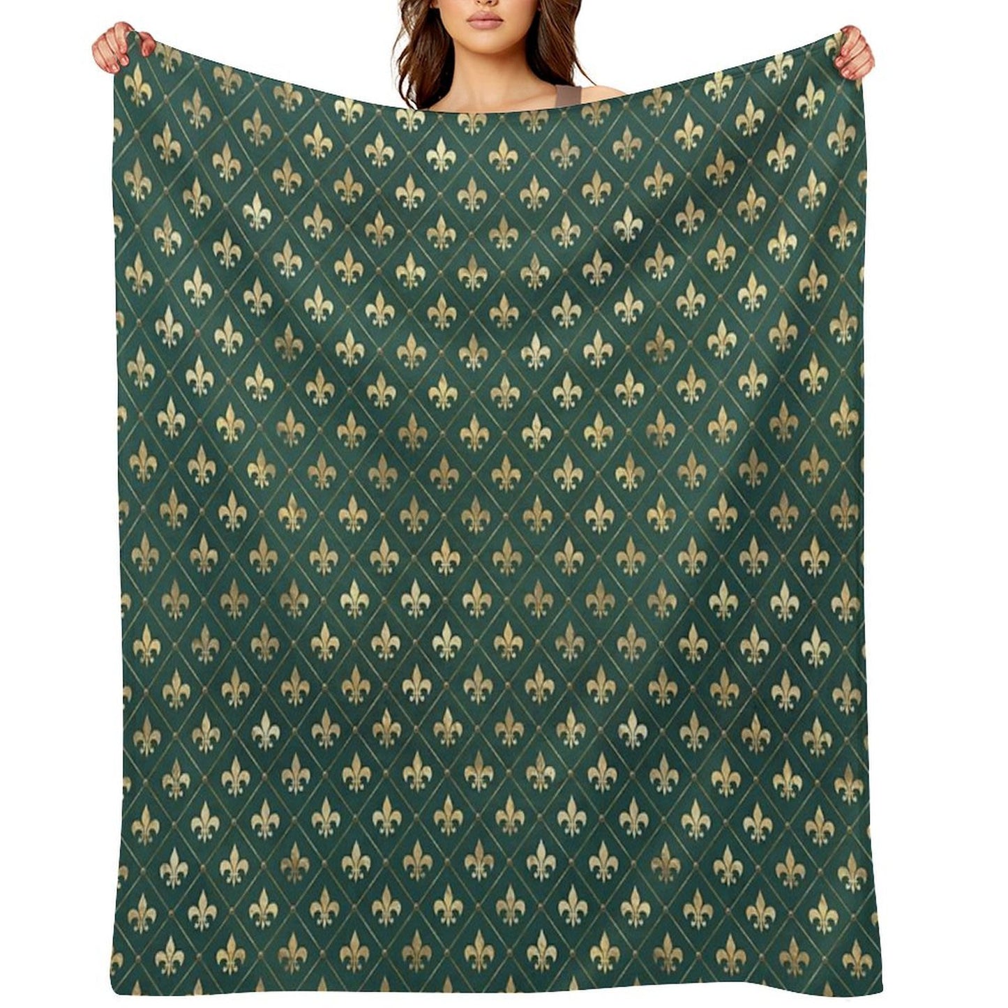 Gold Fleur-de-lis Design on A Green Background Premium Throw Blanket