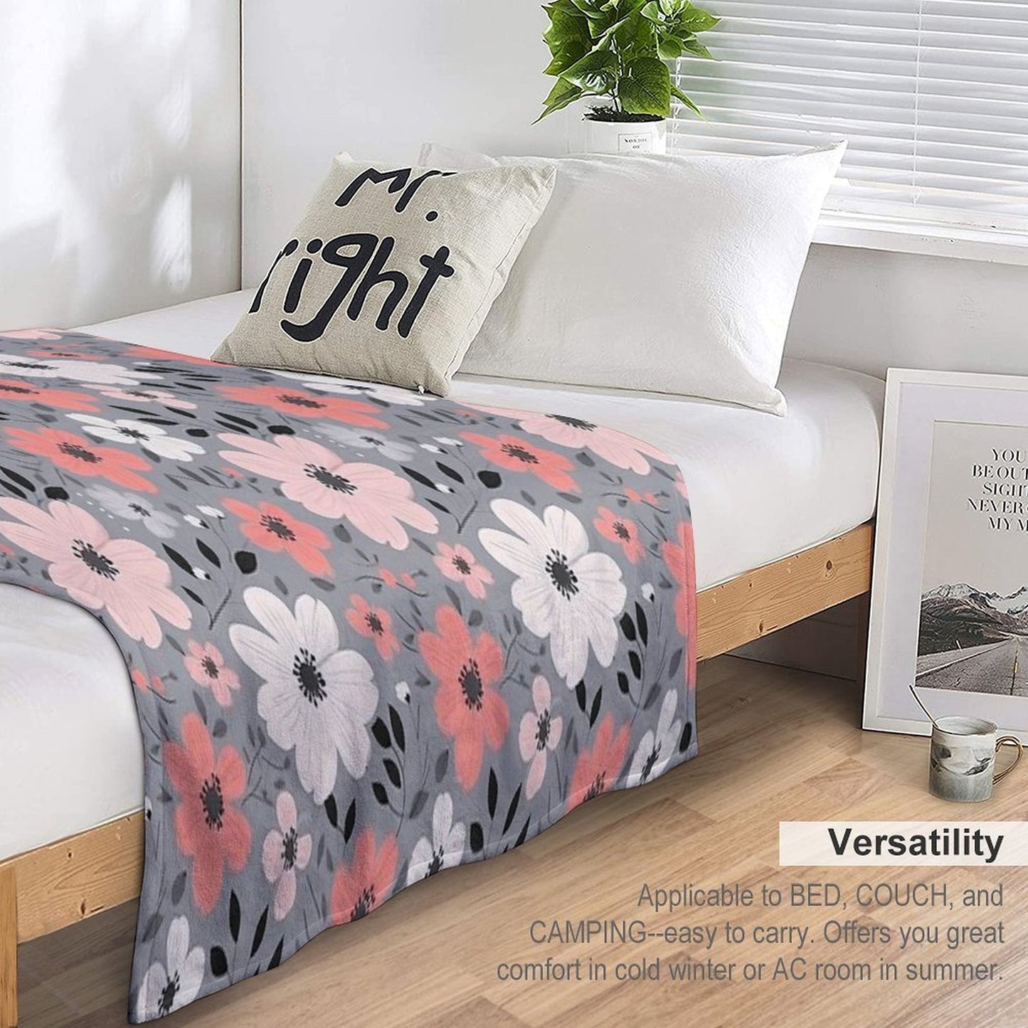 Pink Salmon White Grey Flowers Grey Background Pattern Velvety-soft Throw Blanket