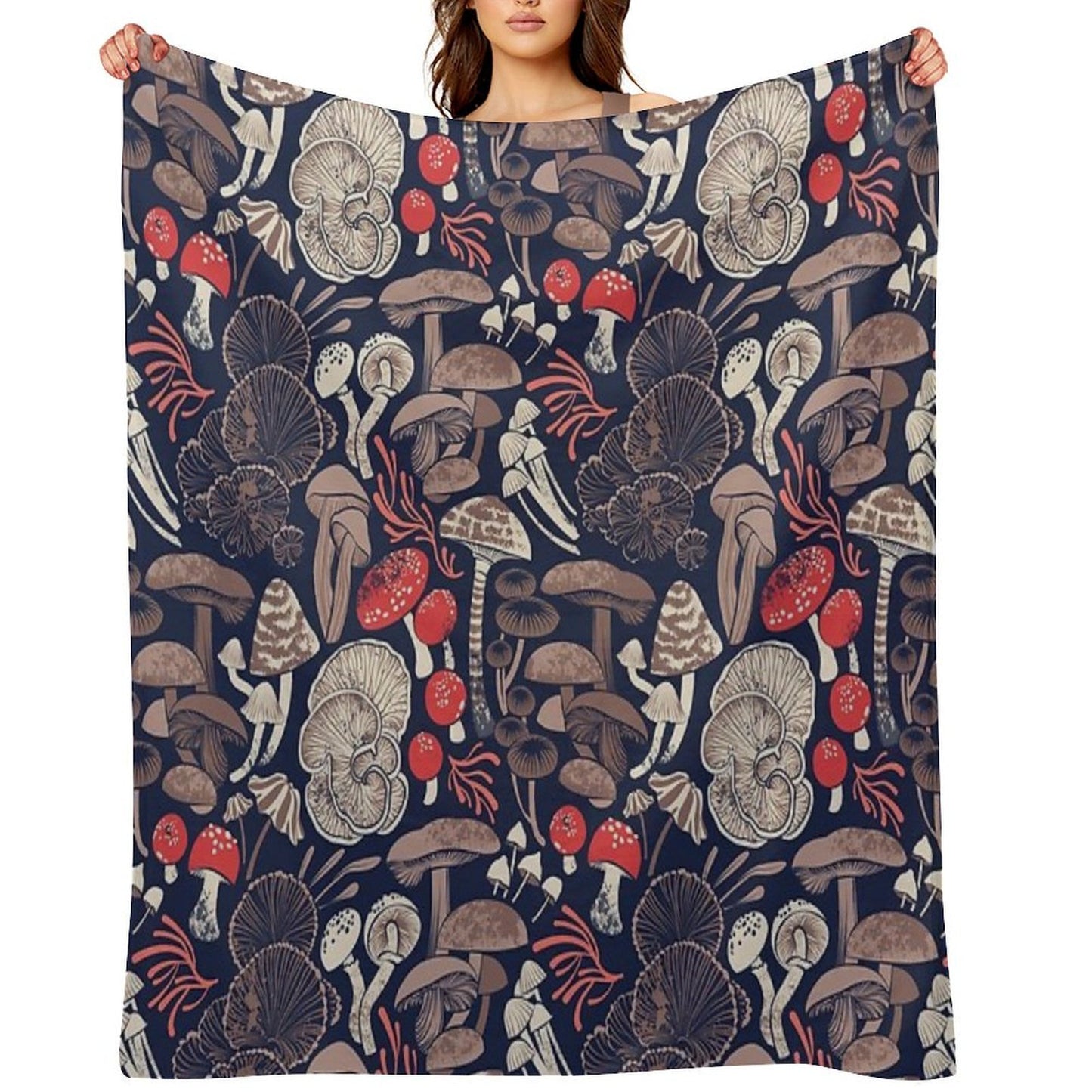 Mystical Fungi Midnight Blue Background Brown Red And Coral Wild Mushrooms Easy Care Throw Blanket