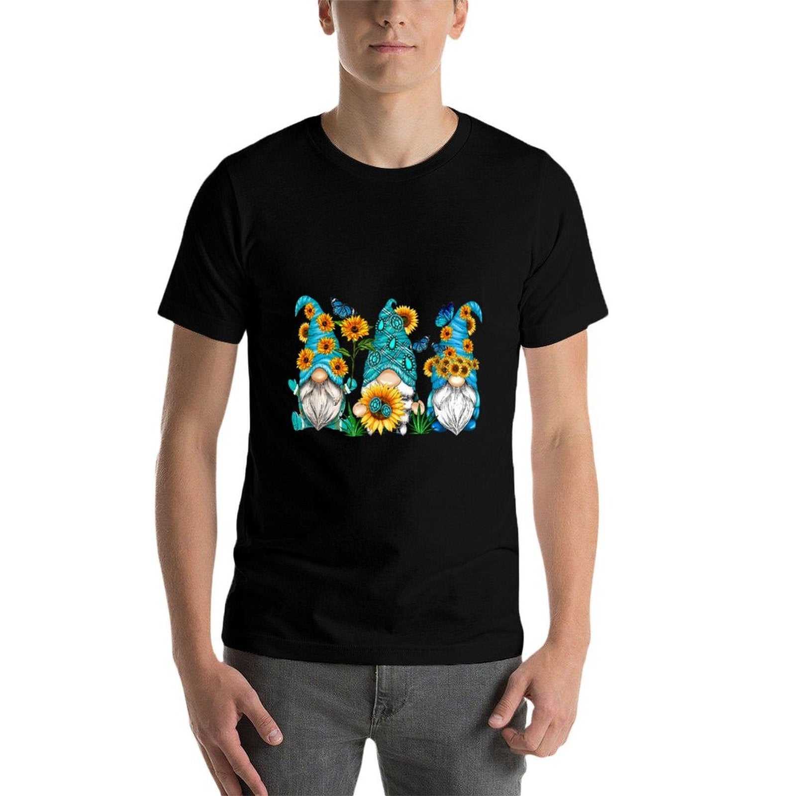 Cute Gnomes With Sunflower Butterfly Gardeners Summer Floral  Easy-care T-Shirt