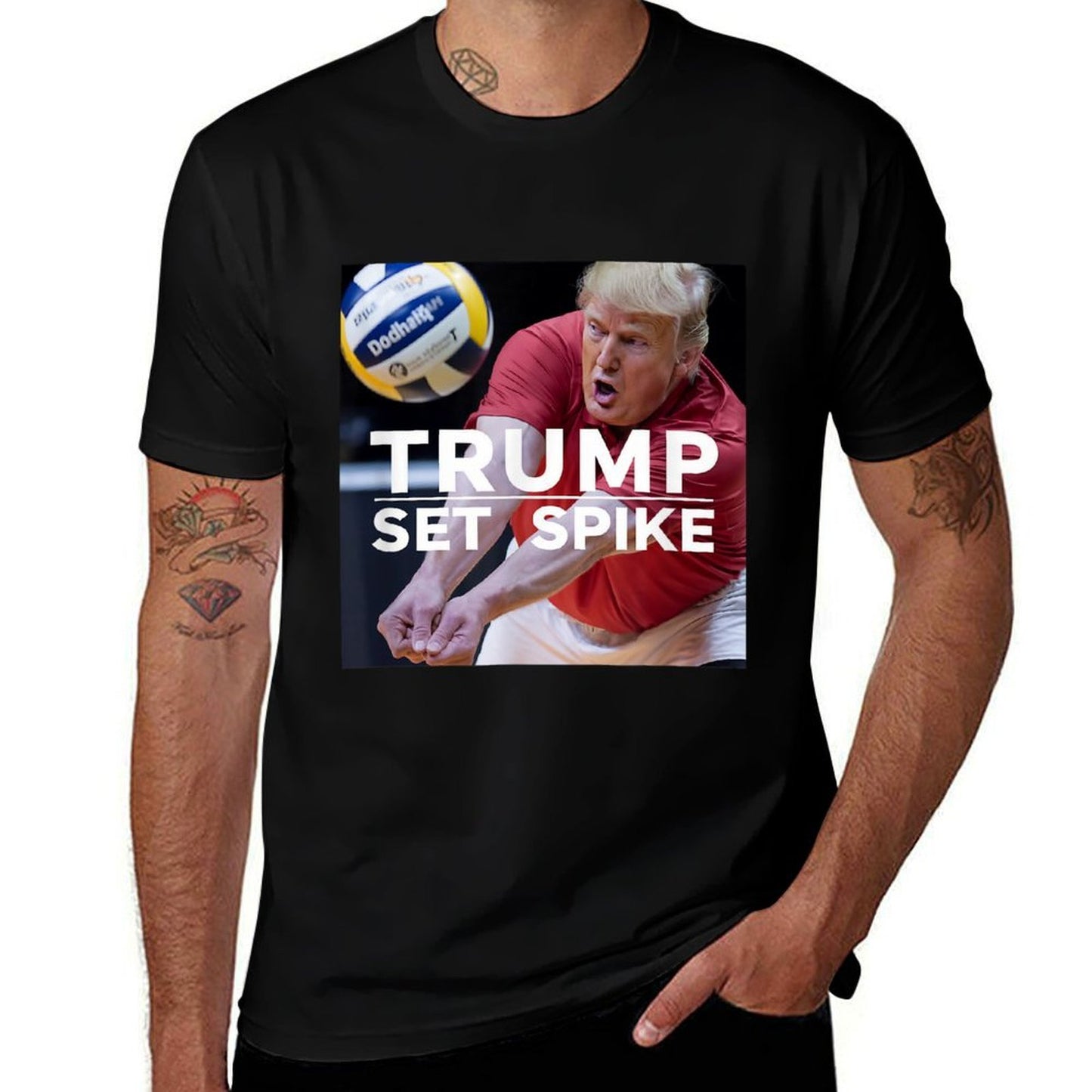 Trump Set Spike Funny Political Volleyball Player Humor Meme Rolled Sleeves T-Shirt