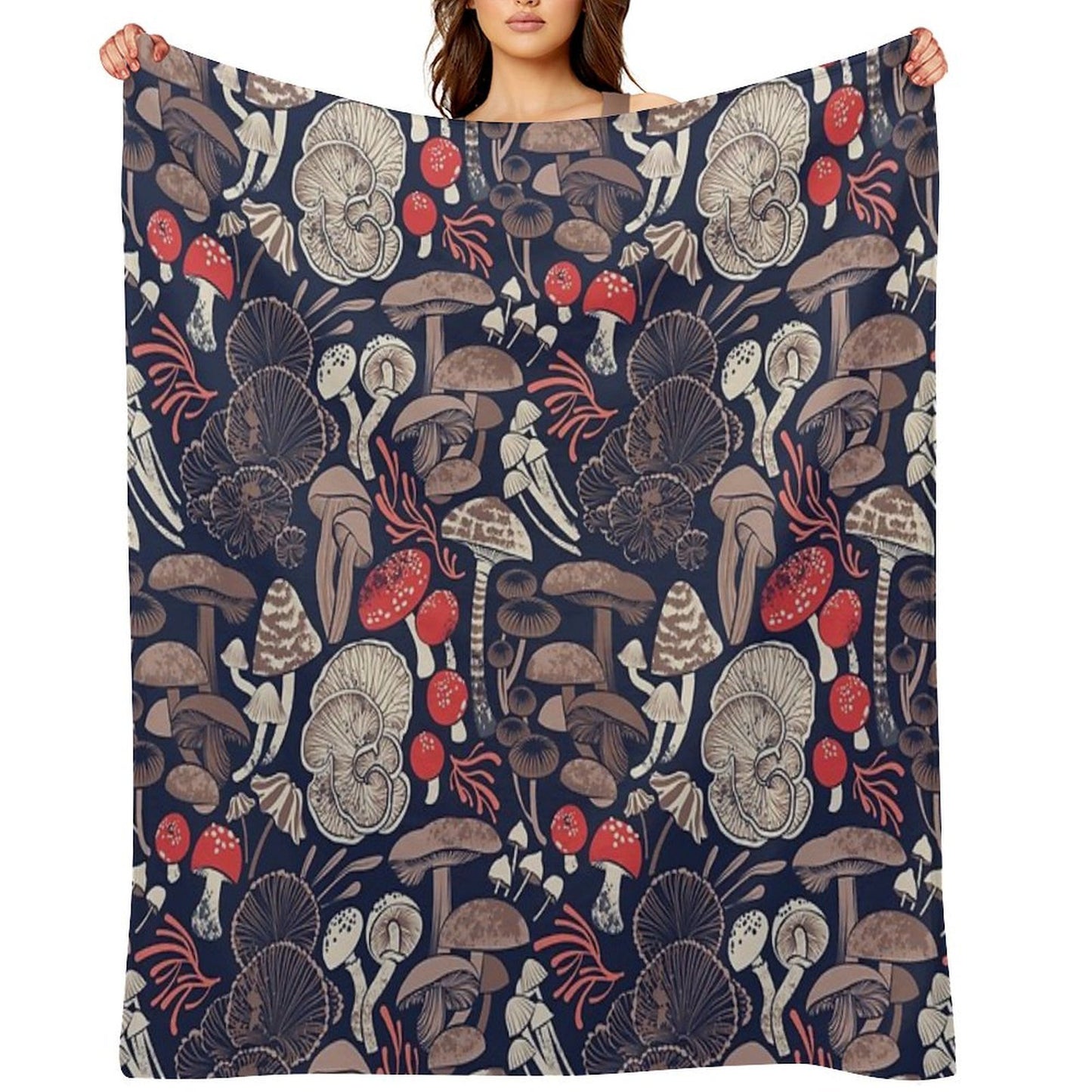 Mystical Fungi Midnight Blue Background Brown Red And Coral Wild Mushrooms Easy Care Throw Blanket