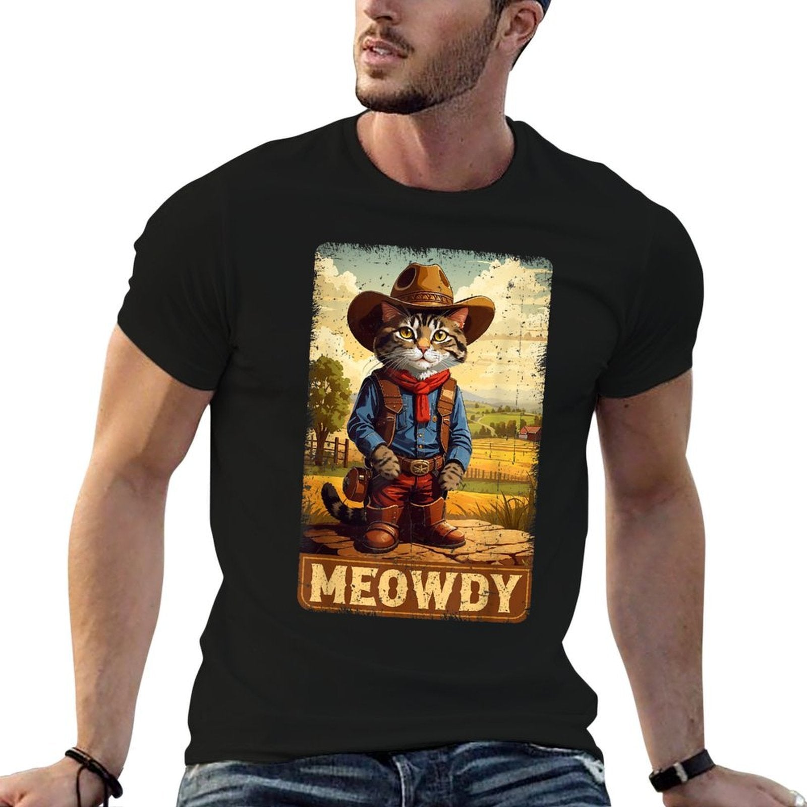 Meowdy Funny Country Side Cat Hat Vintage Cowboy Cat  Eco-friendly Material T-Shirt