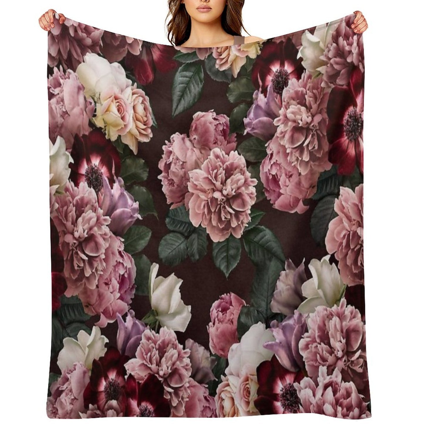 Vintage Bouquets of Pink Lush Peonies, Purple Tulips, Roses And Dark Red Anemones. Plush Throw Blanket