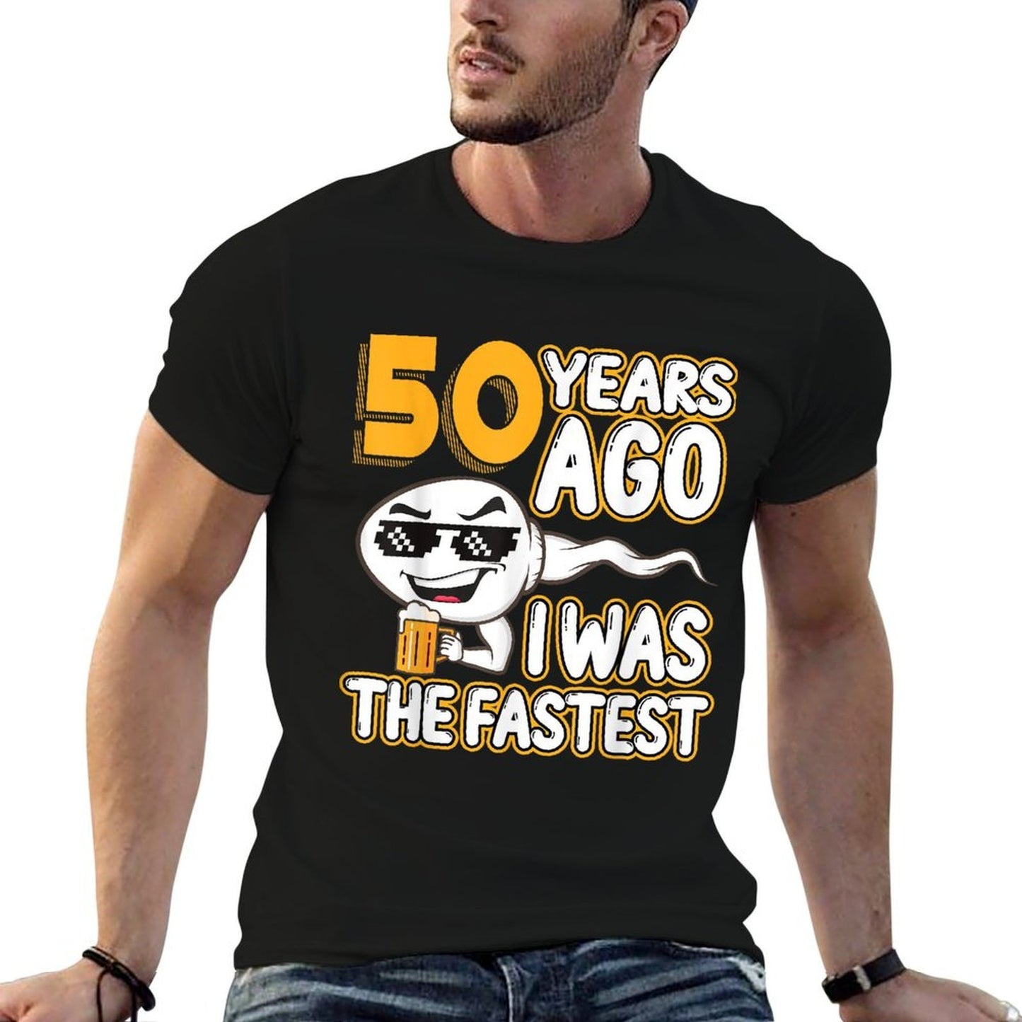 Mens 50th Birthday Gag Sperm 50 Years Ago I Was The Fastest Funny Graphic-printed T-Shirt