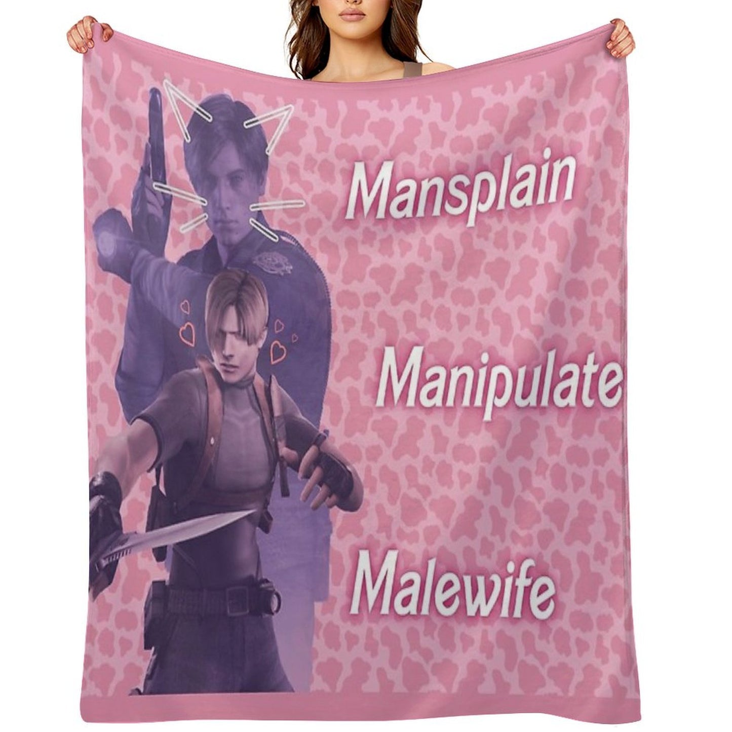 Mansplain, Manipulate, Malewife Leon (Cow) PINK VERSION Wrinkle-free Throw Blanket