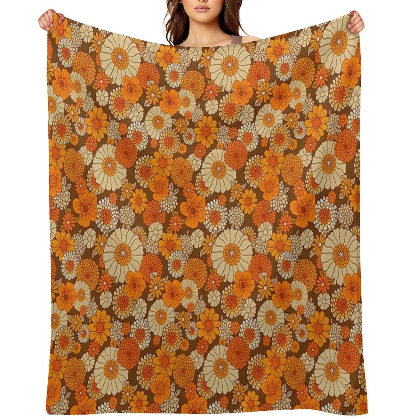 70s Retro Daisies, Vintage Flower Power, Orange And Brown, Boho, Premium Throw Blanket