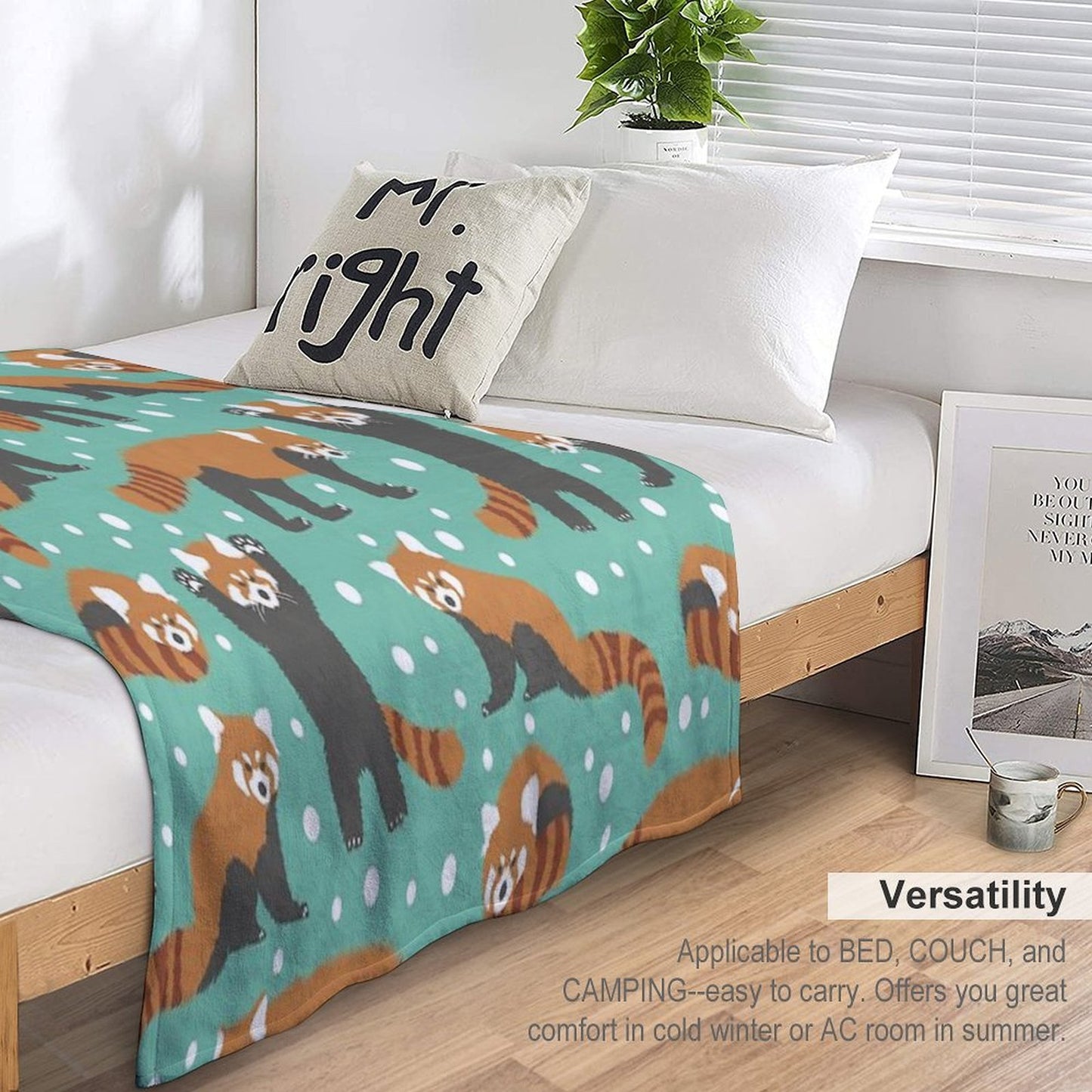 Cute Red Panda Pattern with White Dots And Turquoise Background Sustainable Throw Blanket