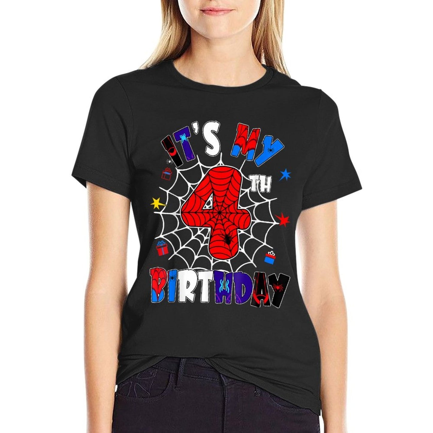 It's My 4th Birthday Spider Theme Party Boys 4 Years Old Polyester Blend T-Shirt