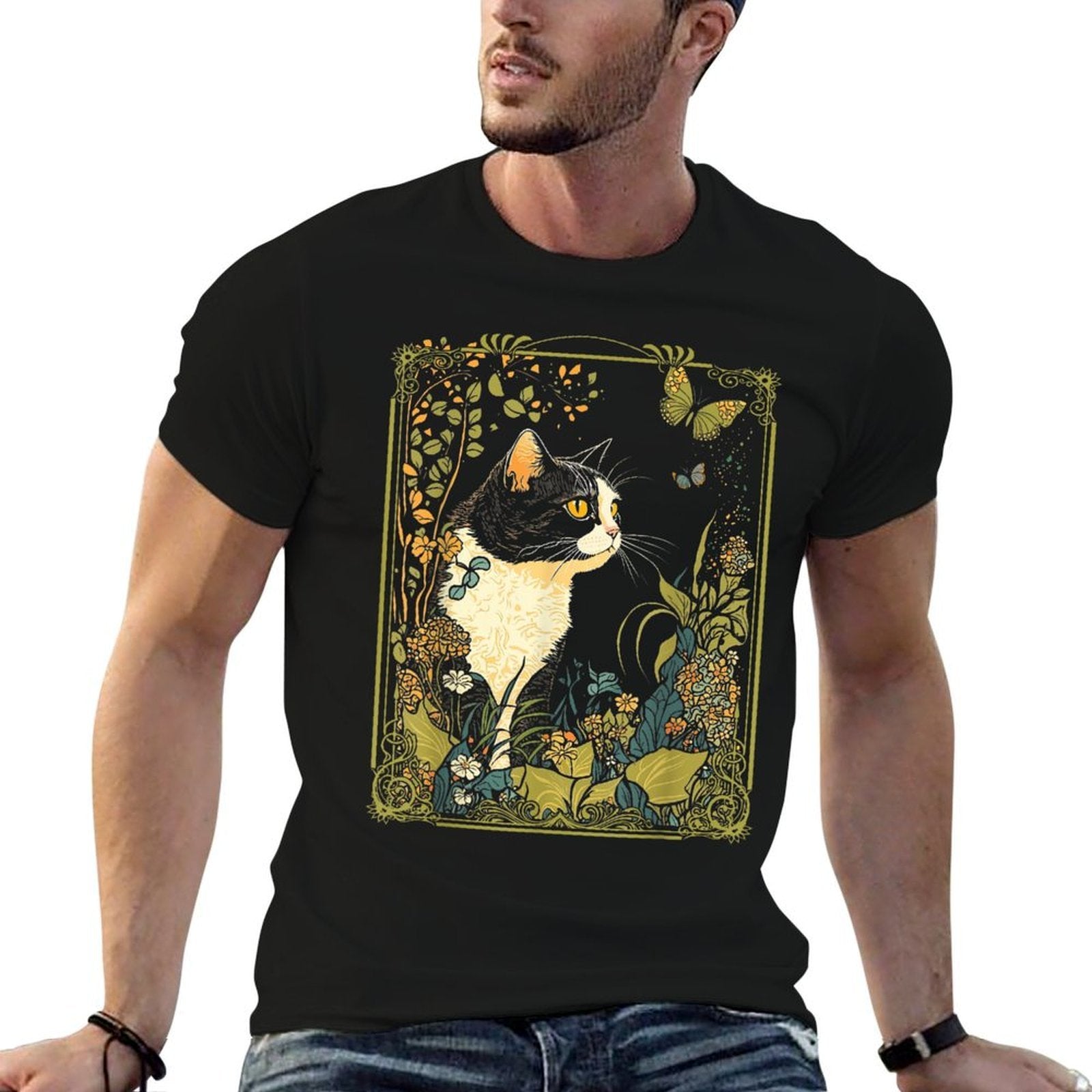 Cottagecore Aesthetic Cat Butterflies Flowers Garden Women Comfortable T-Shirt