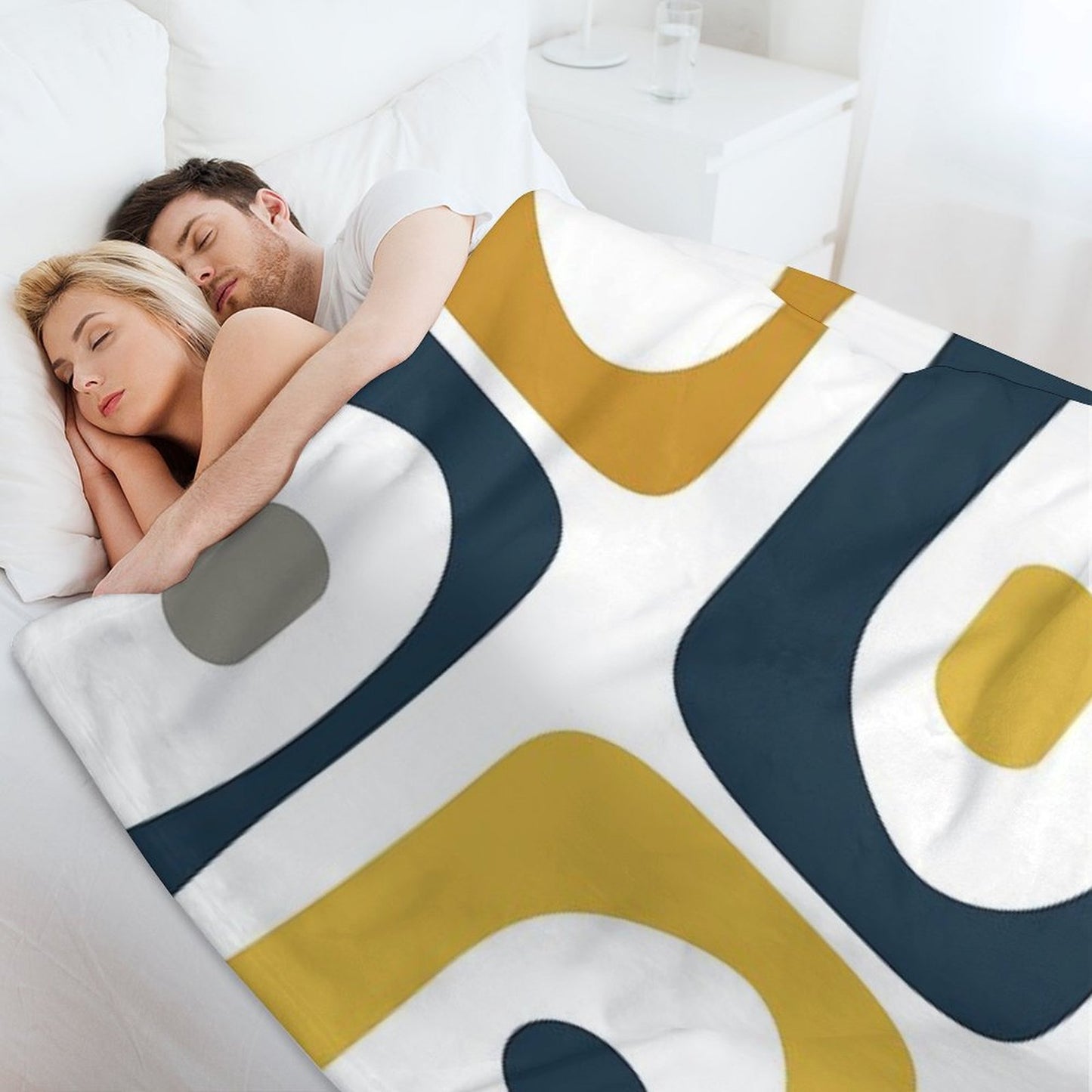 Mid Century Modern Piquet Abstract Minimalist Pattern in Navy Blue, Light And Dark Mustard, Grey, And White Lightweight Throw Blanket